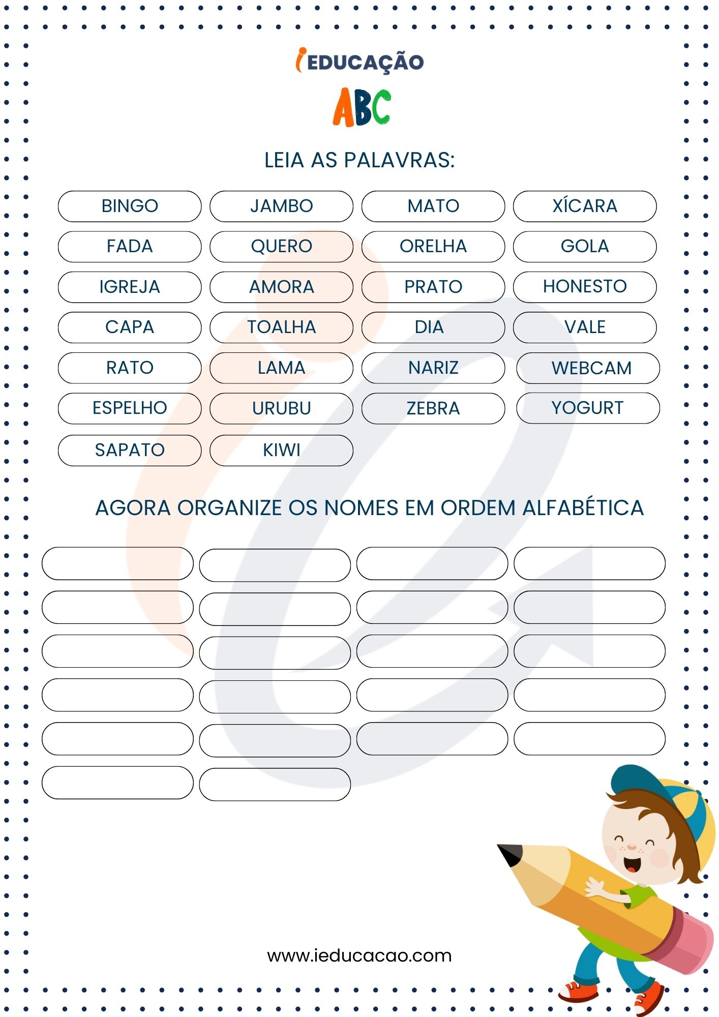 Atividades de Ordem Alfabética- Escrita em Ordem Alfabética