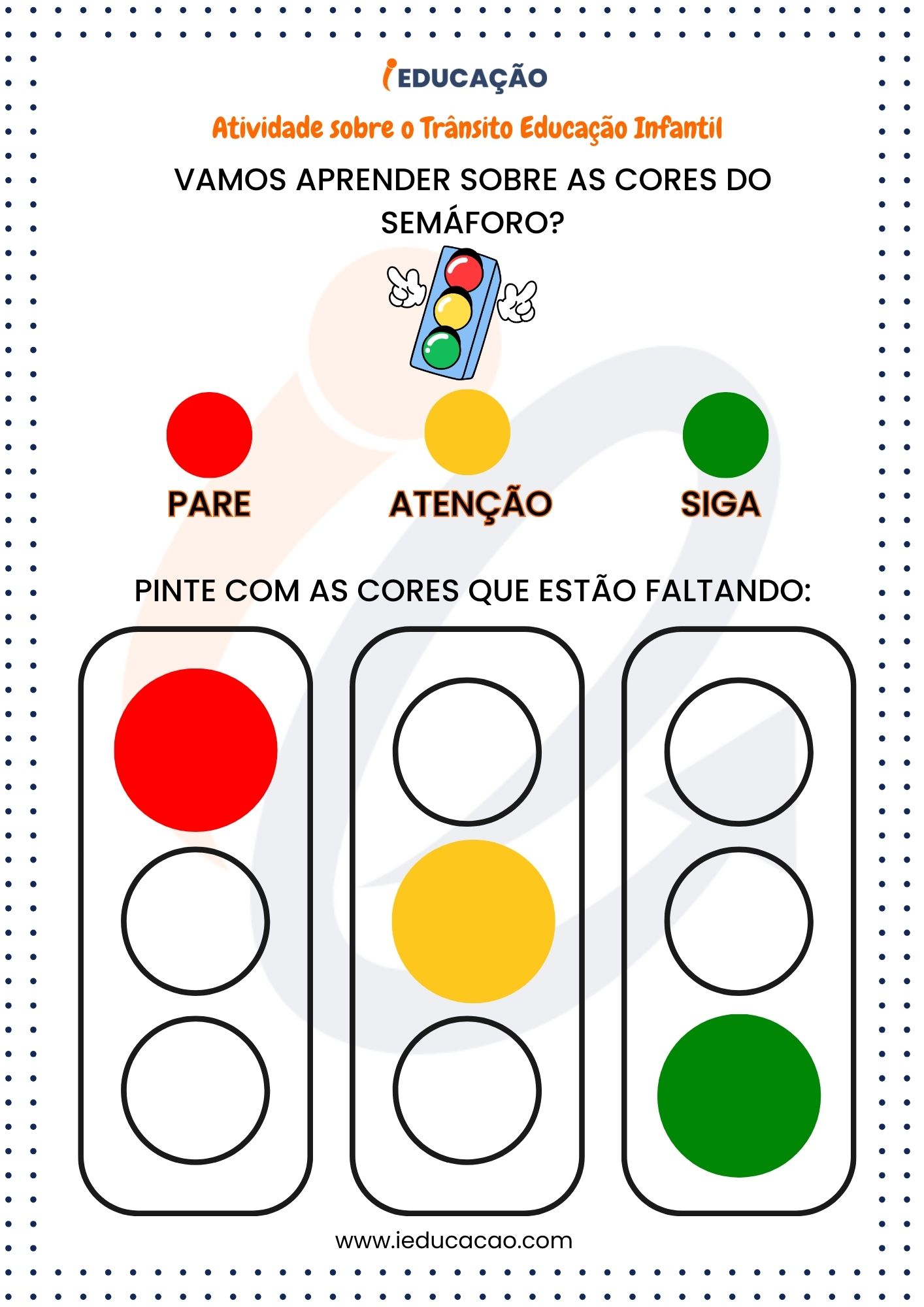 Dia do Trânsito- Atividade Sobre o Trânsito- Cores do Semáforo