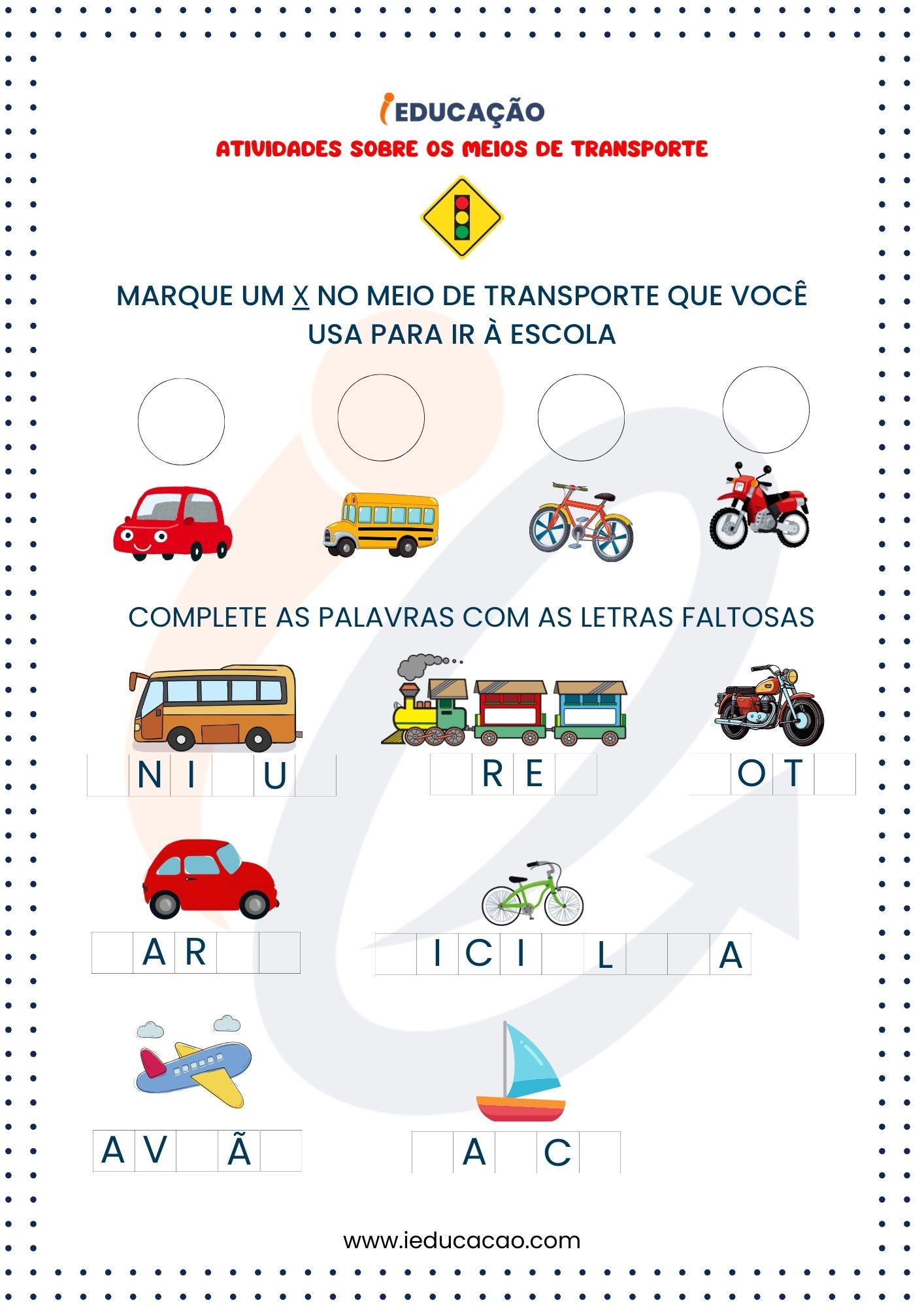 Atividades Sobre os Meios de Transporte- Atividade de Letra Faltosa