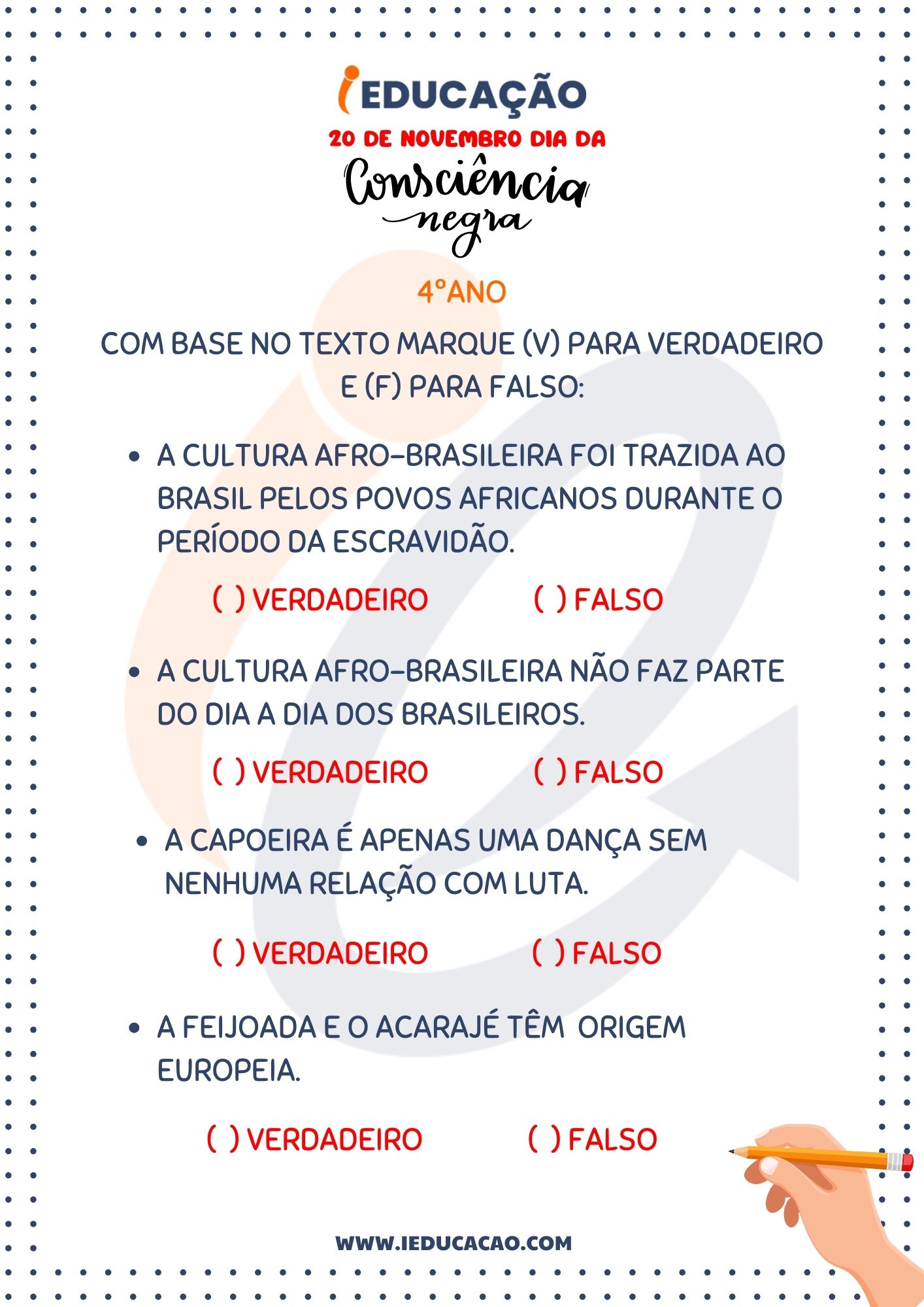 Atividades Consciência Negra 4º Ano- Atividade de Verdadeiro ou falso