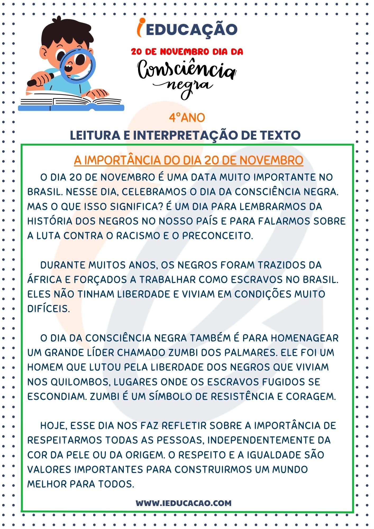 Atividades Consciência Negra para 4º Ano- Atividade de Leitura e Interpretação