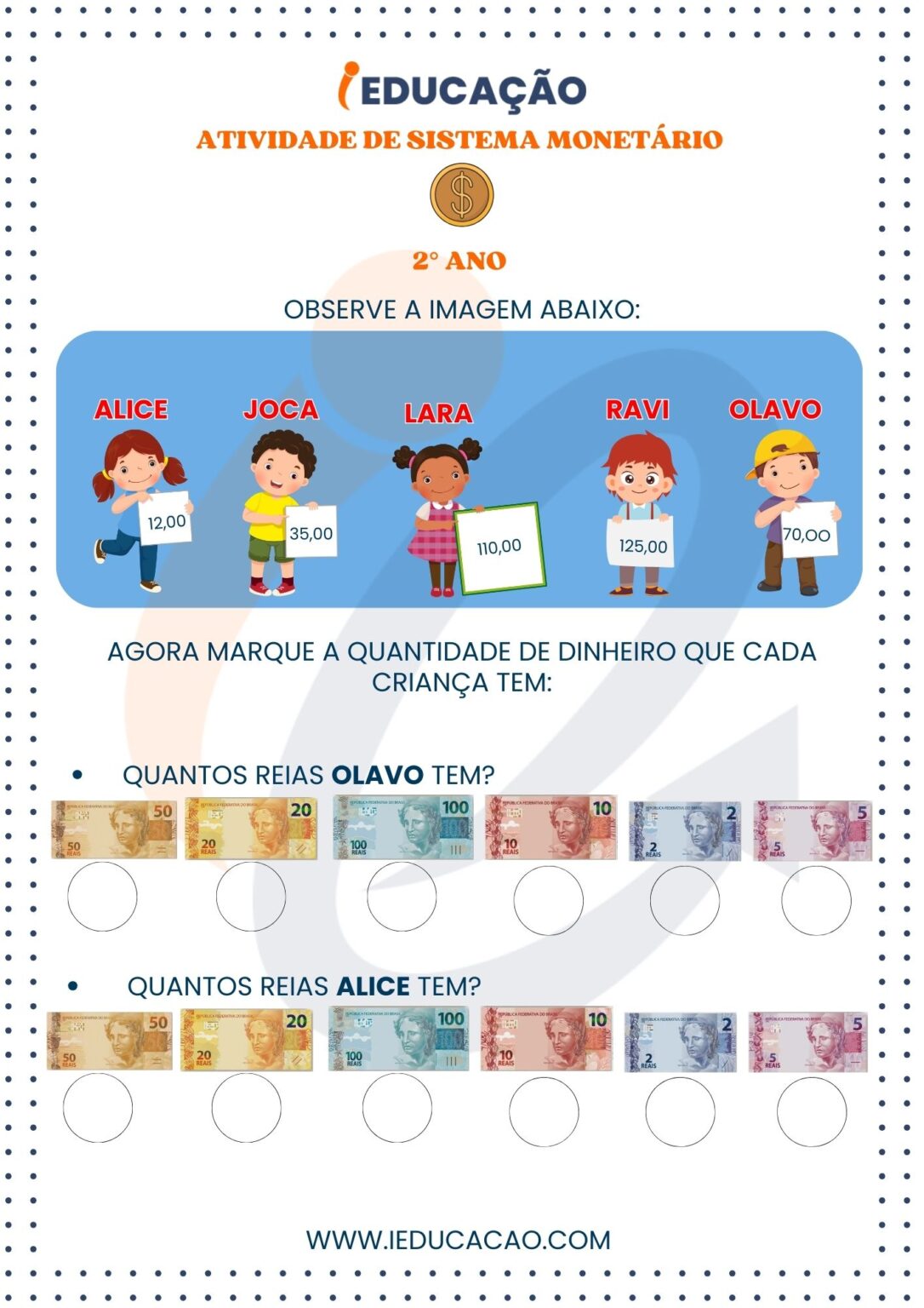 Atividades de Sistema Monetário 1º ao 5º Ano BNCC