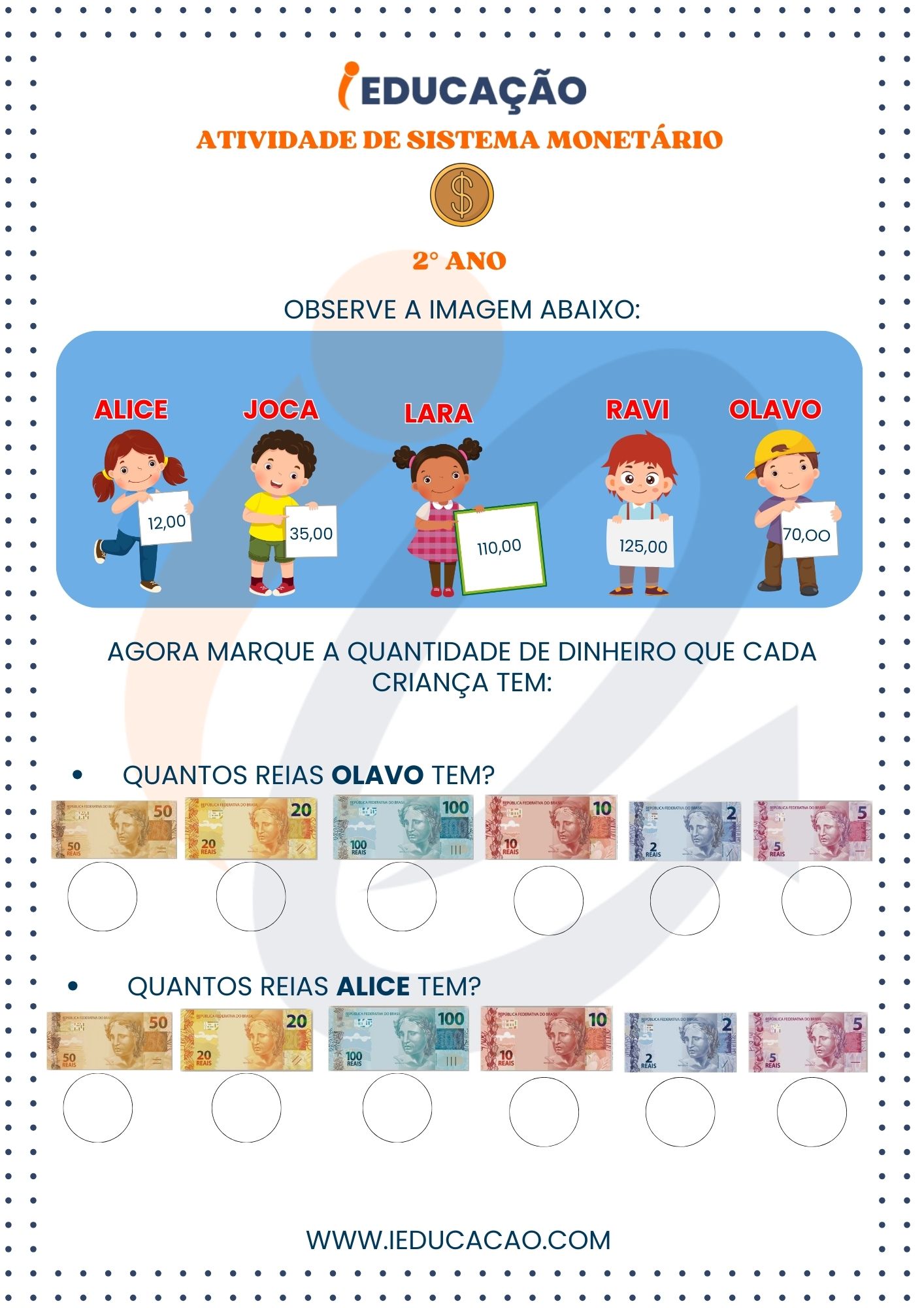 Atividades de Sistema Monetário para o 2º ano