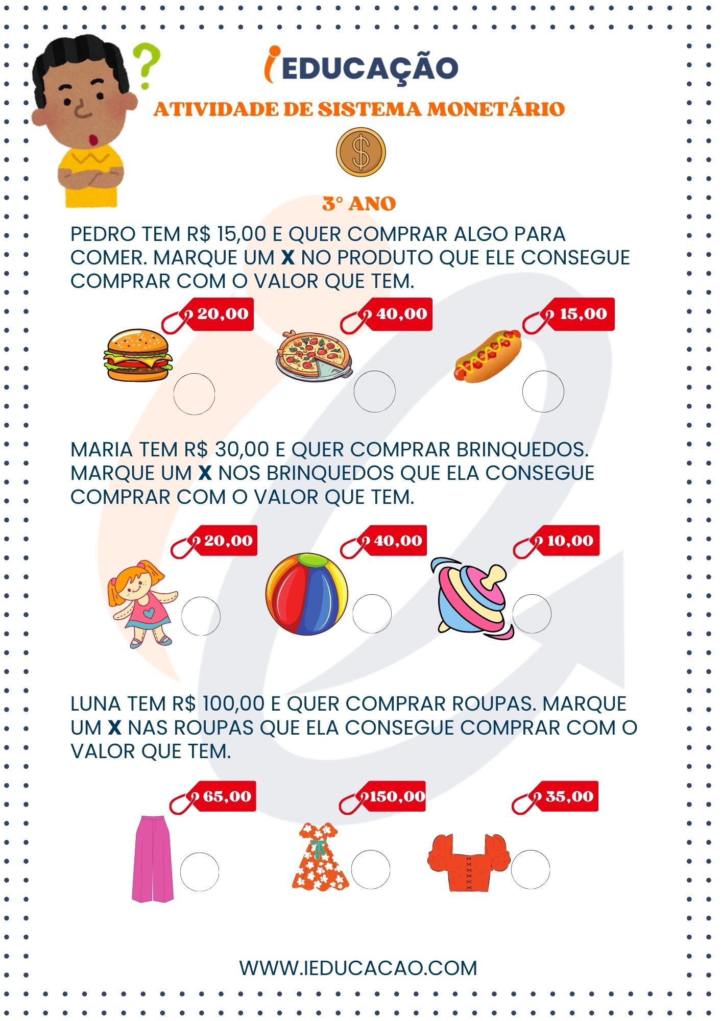 Atividades de Sistema Monetário para o 3º Ano