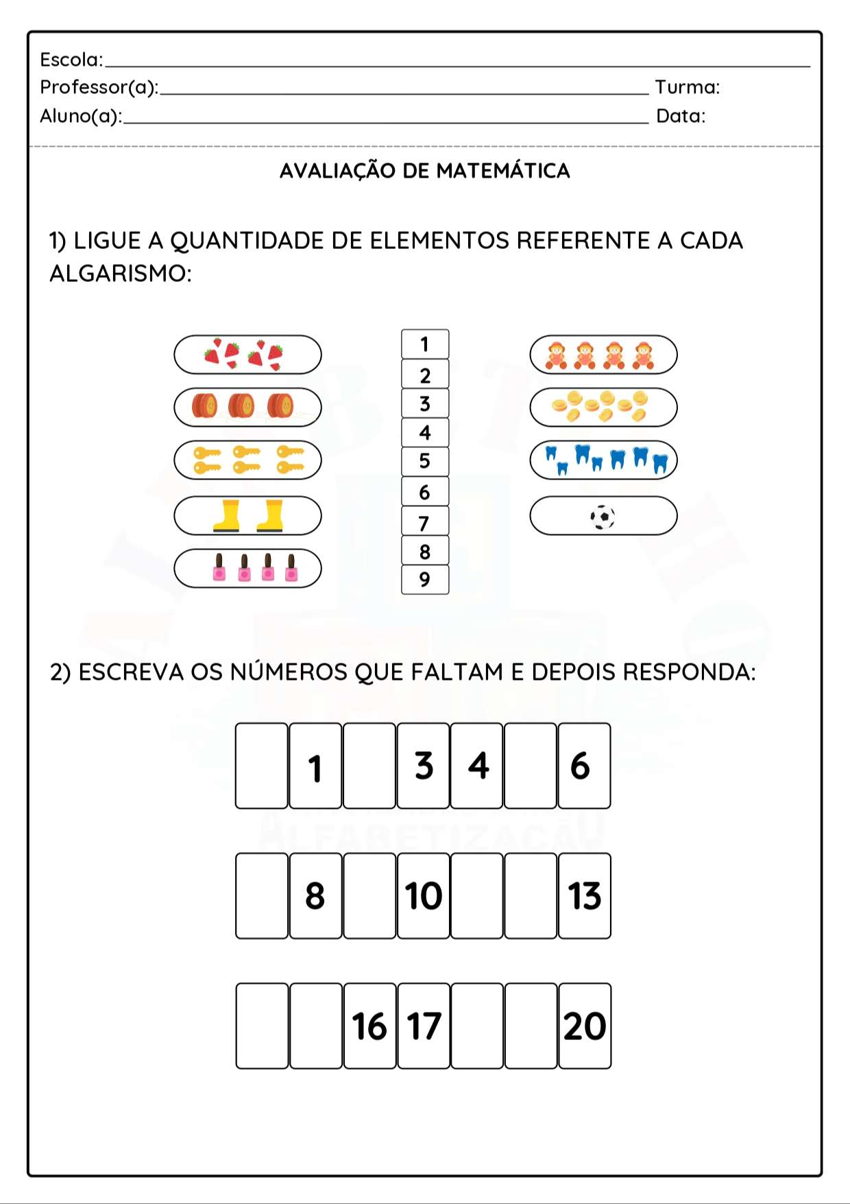 Avaliação de Matemática. Fund. 1