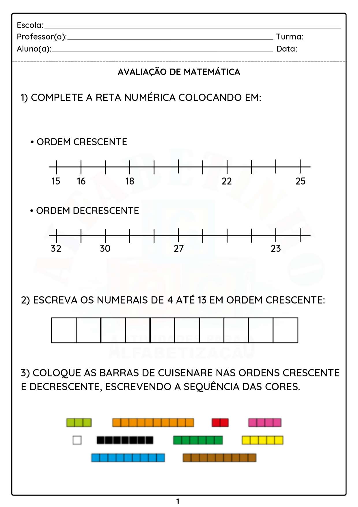 Avaliação de Matemática. Fundamental 2