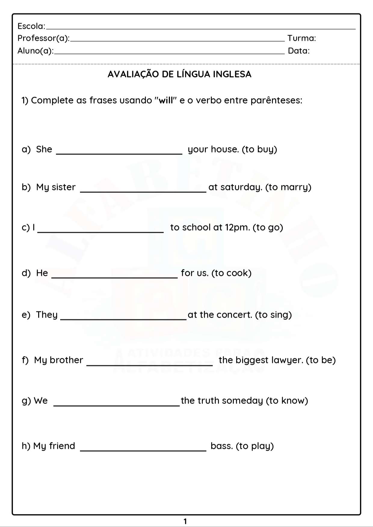 avaliação de Inglês para o fundamental 2 