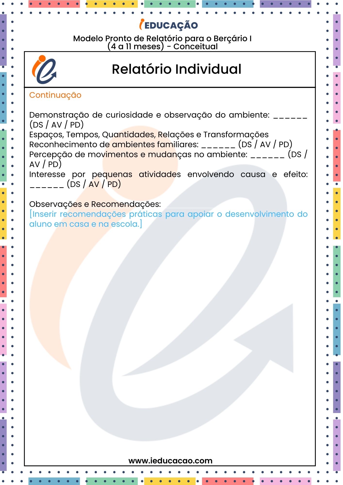 Berçário 1 - Relatórios na Educação Infantil_ Modelos Prontos e Editáveis - Relatórios na Educação Infantil - Conceitual 2