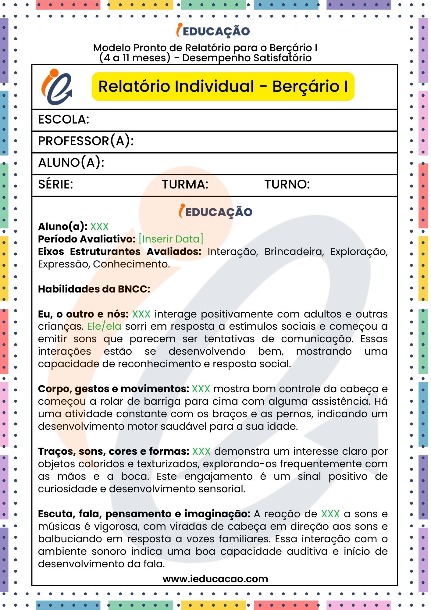 Berçário 1 - Relatórios na Educação Infantil_ Modelos Prontos e Editáveis - Relatórios na Educação Infantil - Padrão 1