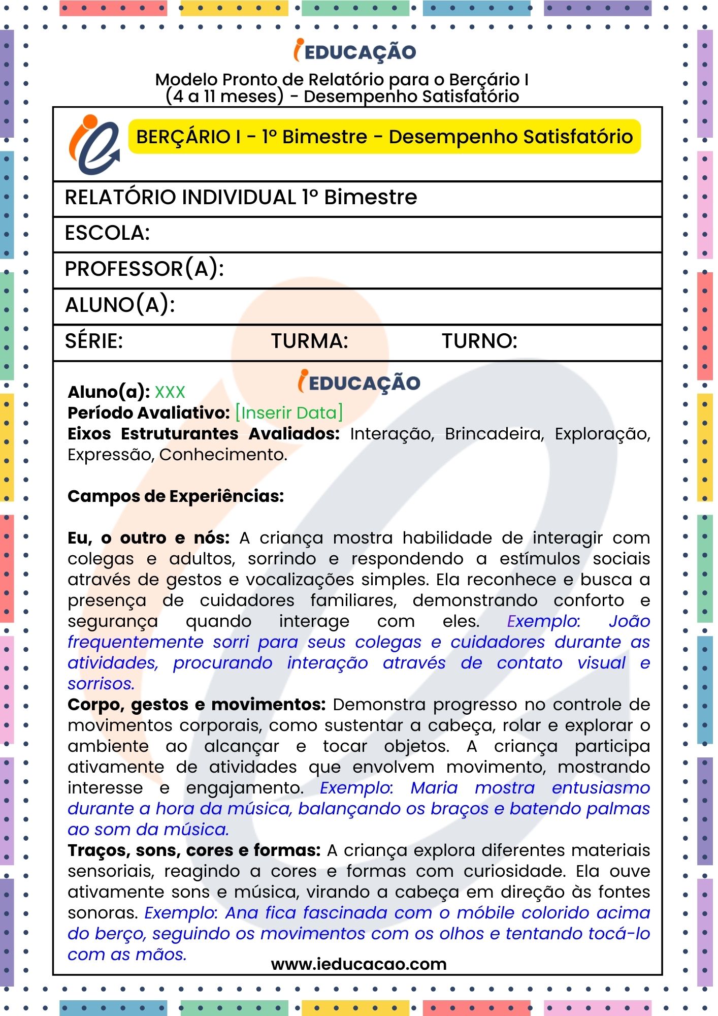 Berçário 1 - Relatórios na Educação Infantil: Modelos Prontos e Editáveis - Relatórios na Educação Infantil - Relatório individual do aluno 1º Bimestre - parte 1