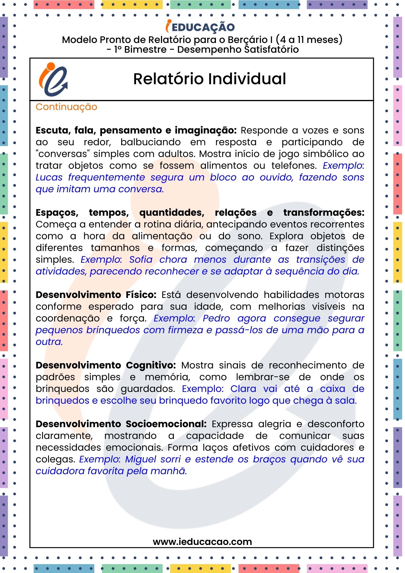 Berçário 1 - Relatórios na Educação Infantil_ Modelos Prontos e Editáveis - Relatórios na Educação Infantil - Relatório individual do aluno 1º Bimestre parte 2.