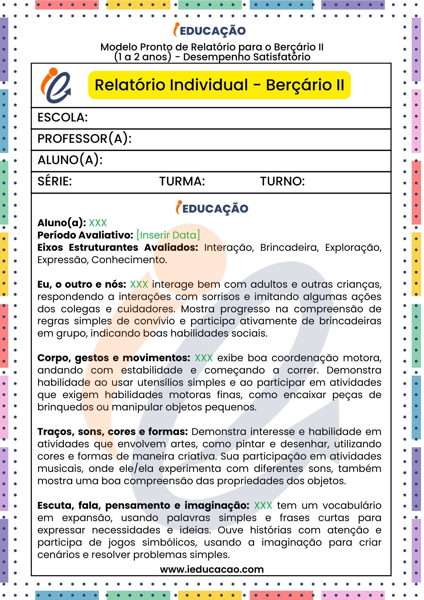 Modelo Pronto de Relatório Descritivo para Educação Infantil – BNCC - Relatório Descritivo para o Berçário II com Desempenho Satisfatório - relatórios na educação infantil parte 1