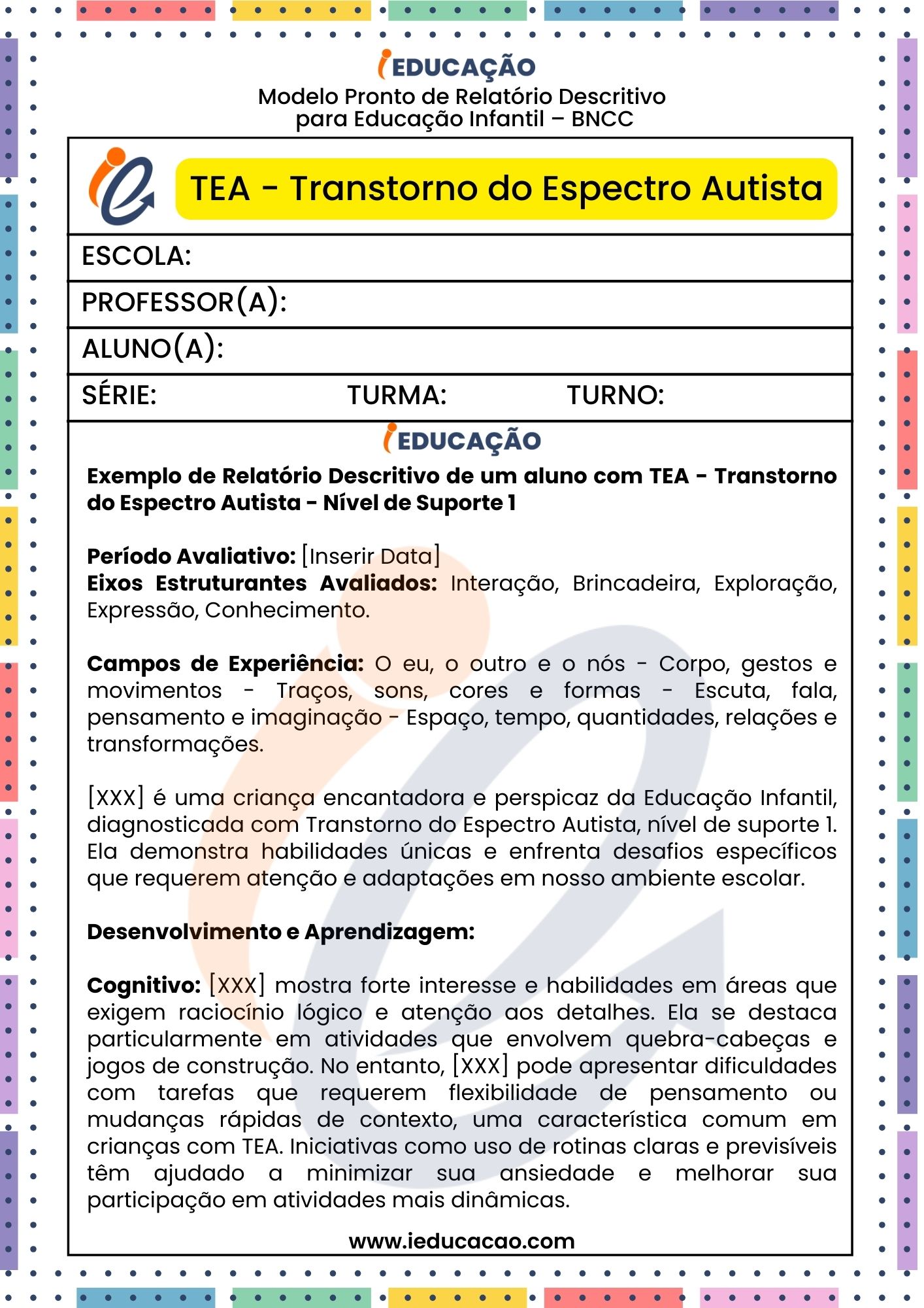 Modelos Prontos de Relatórios de Alunos com Autismo na Educação Infantil - Relatório Individual do aluno TEA - Relatório Descritivo para Educação Especial - 1.