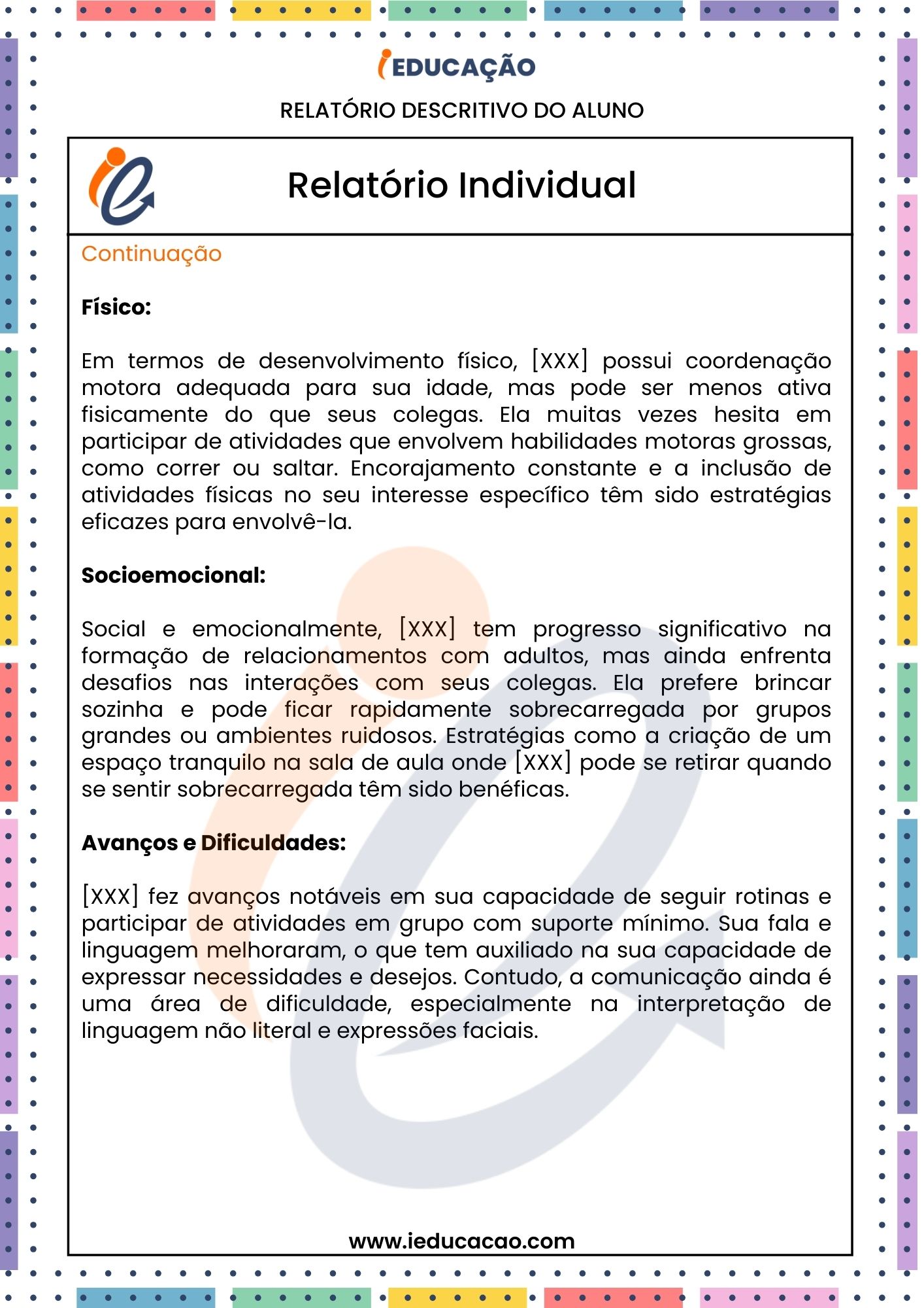 Modelos Prontos de Relatórios de Alunos com Autismo na Educação Infantil - Relatório Individual do aluno TEA - Relatório Descritivo para Educação Especial - 2