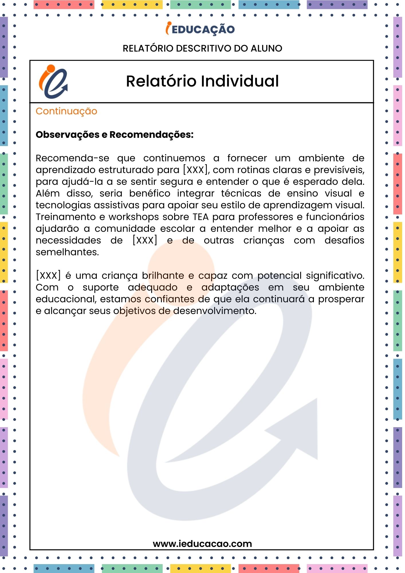 Modelos Prontos de Relatórios de Alunos com Autismo na Educação Infantil - Relatório Individual do aluno TEA - Relatório Descritivo para Educação Especial - 3.jpg