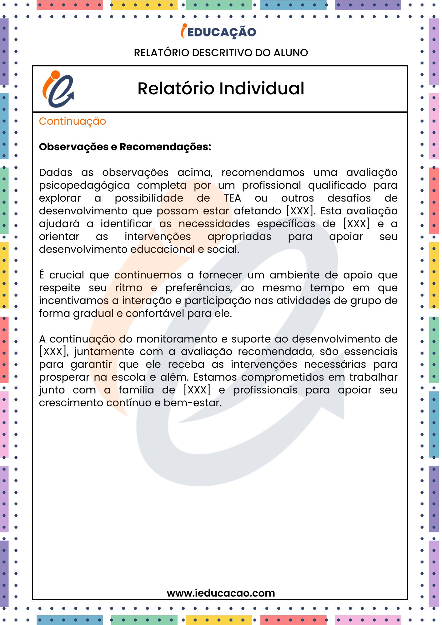 Modelos Prontos de Relatórios de Alunos com Autismo na Educação Infantil - Relatório Individual do aluno TEA - Relatório Descritivo para Educação Especial - 6.