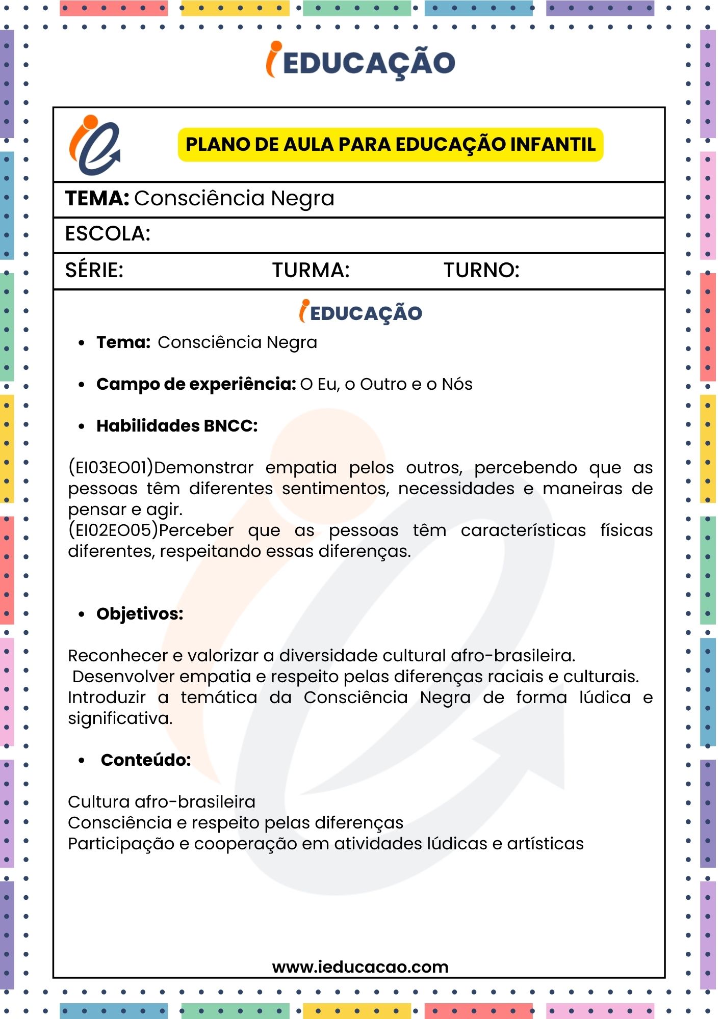 Plano de Aula para Educação Infantil - Plano de aula Consciência Negra Educação Infantil - Planos de Aulas para Consciência Negra- parte 1