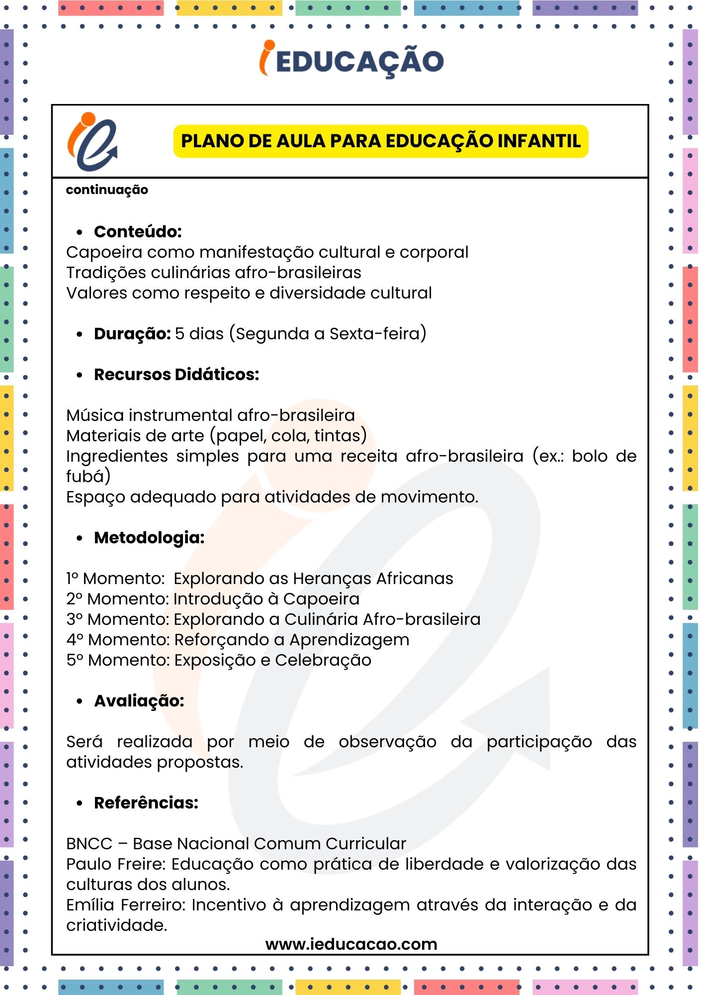 Plano de Aula para Educação Infantil - Plano de aula Consciência Negra Educação Infantil - Planos de Aulas para trabalhar as Heranças Culturais Africanas no Brasil- parte 2