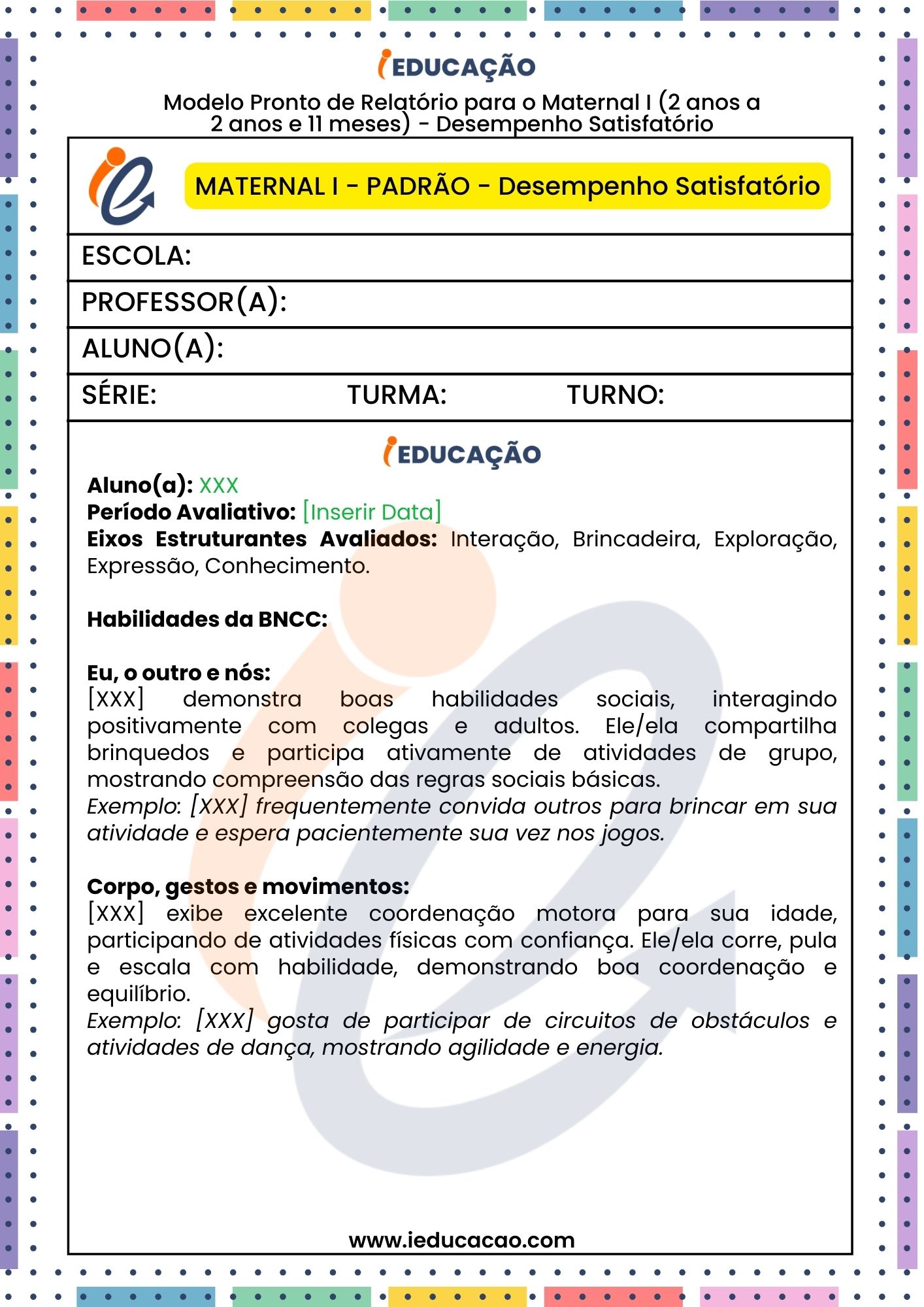 Relatório Descritivo da Educação Infantil BNCC - Relatório individual do aluno para o Maternal I - relatório na educação infantil parte 1