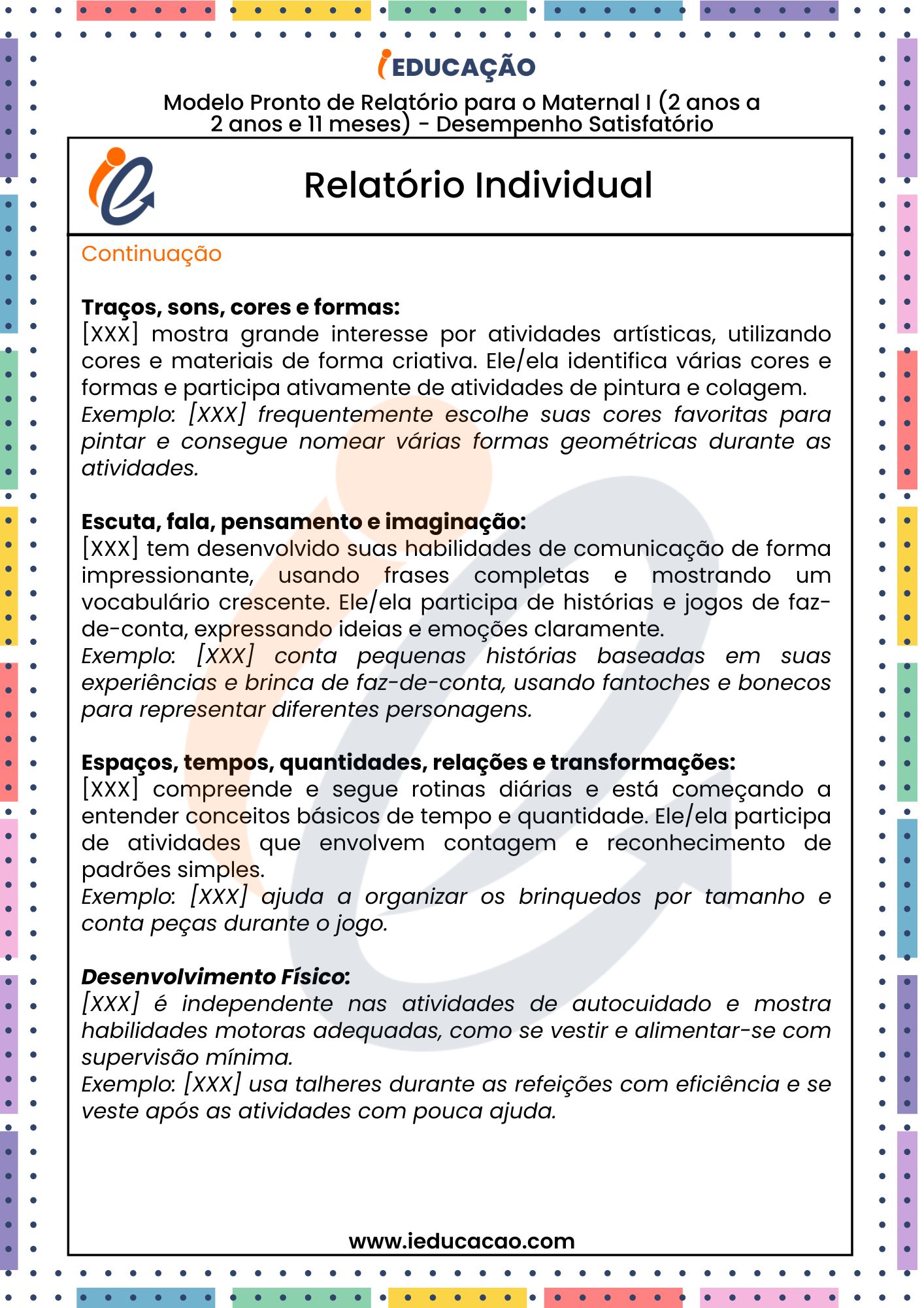 Relatório Descritivo da Educação Infantil BNCC - Relatório individual do aluno para o Maternal I - relatório na educação infantil parte 2