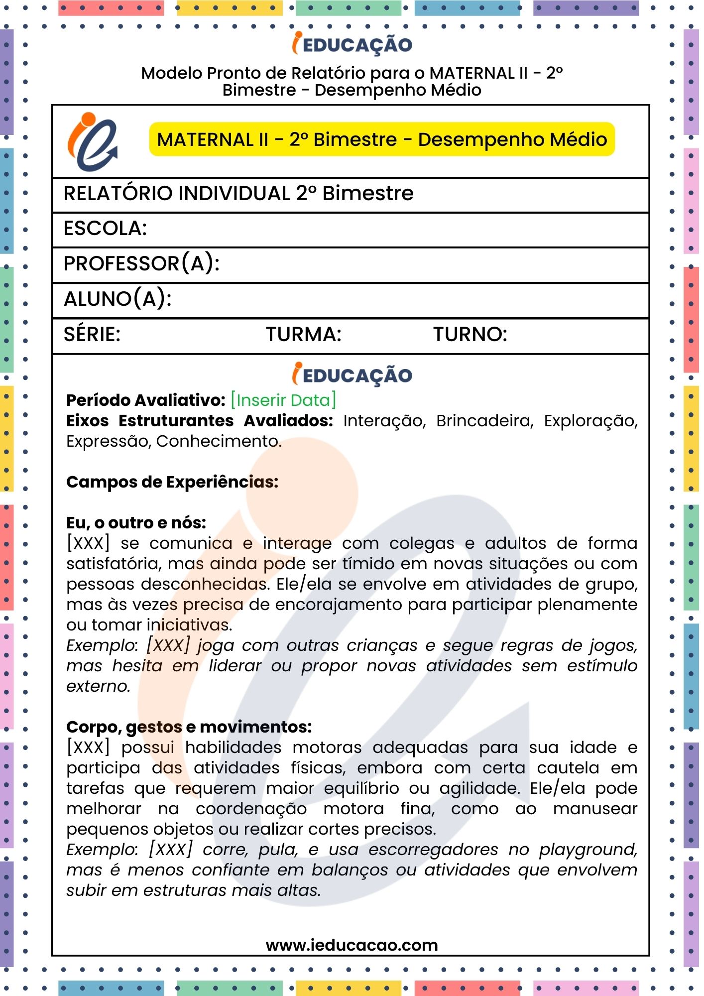 Relatório Descritivo da Educação Infantil – BNCC - Relatório Individual do Aluno 2º Bimestre para o Maternal II  - relatório na educação infantil