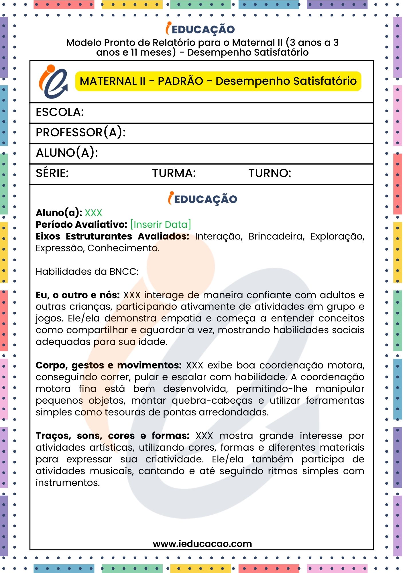 Relatório Descritivo da Educação Infantil – BNCC - Relatório individual do aluno para o Maternal II - relatório na educação infantil parte 1