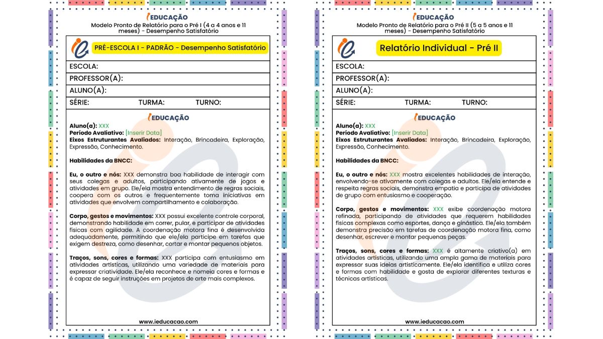 Relatório Descritivo da Educação Infantil – BNCC - Relatório individual do aluno pré 1 e 2 - relatórios na educação infantil 