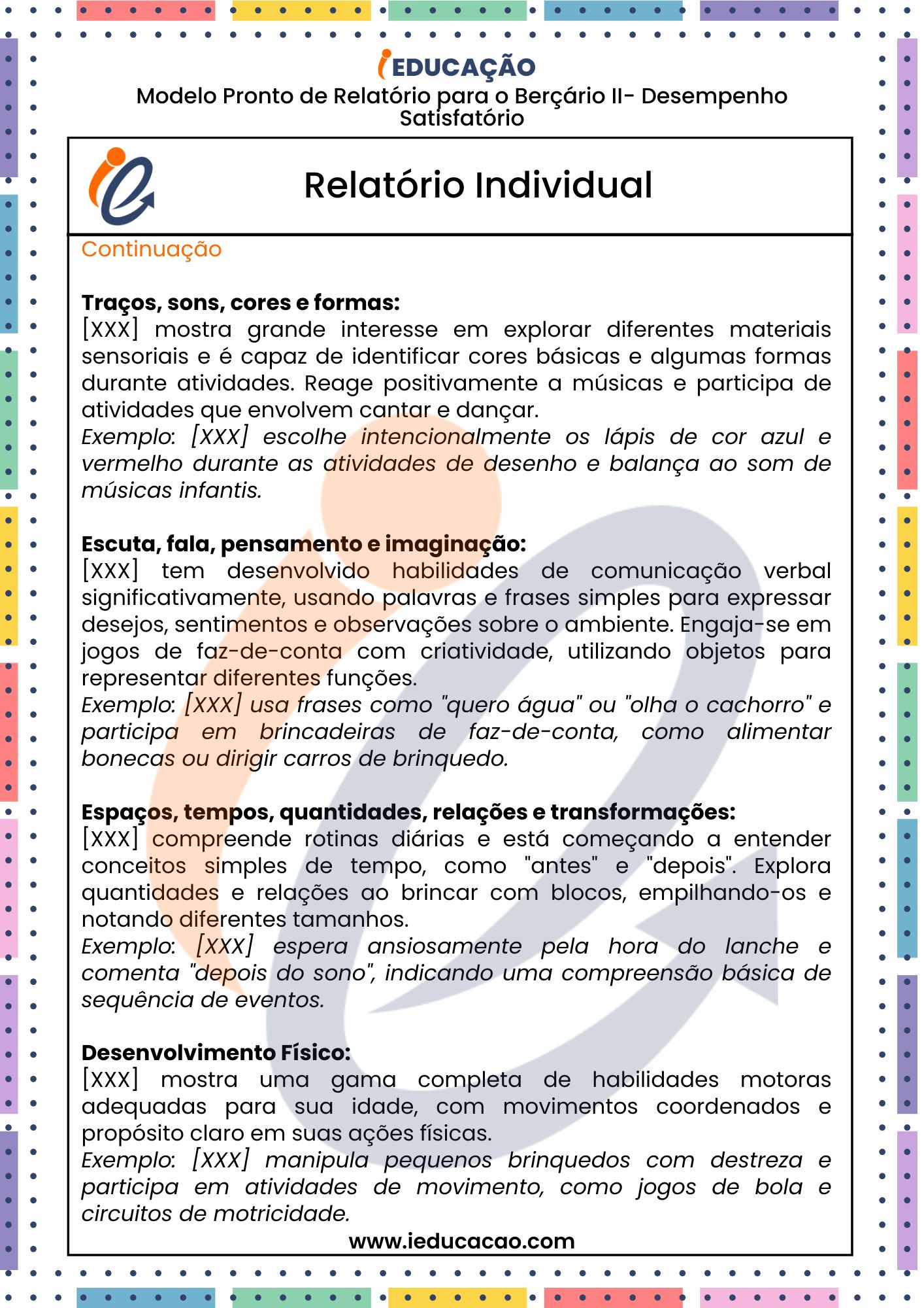 Relatório Descritivo para Educação Infantil  - Relatório individual do aluno 1º bimestre - relatórios na educação infantil para o Berçário II