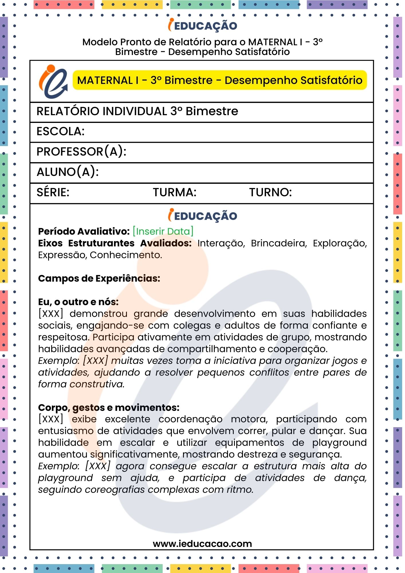 Relatório Descritivo para Educação Infantil – BNCC - Relatório individual do aluno 3º Bimestre - relatório na educação infantil parte 1