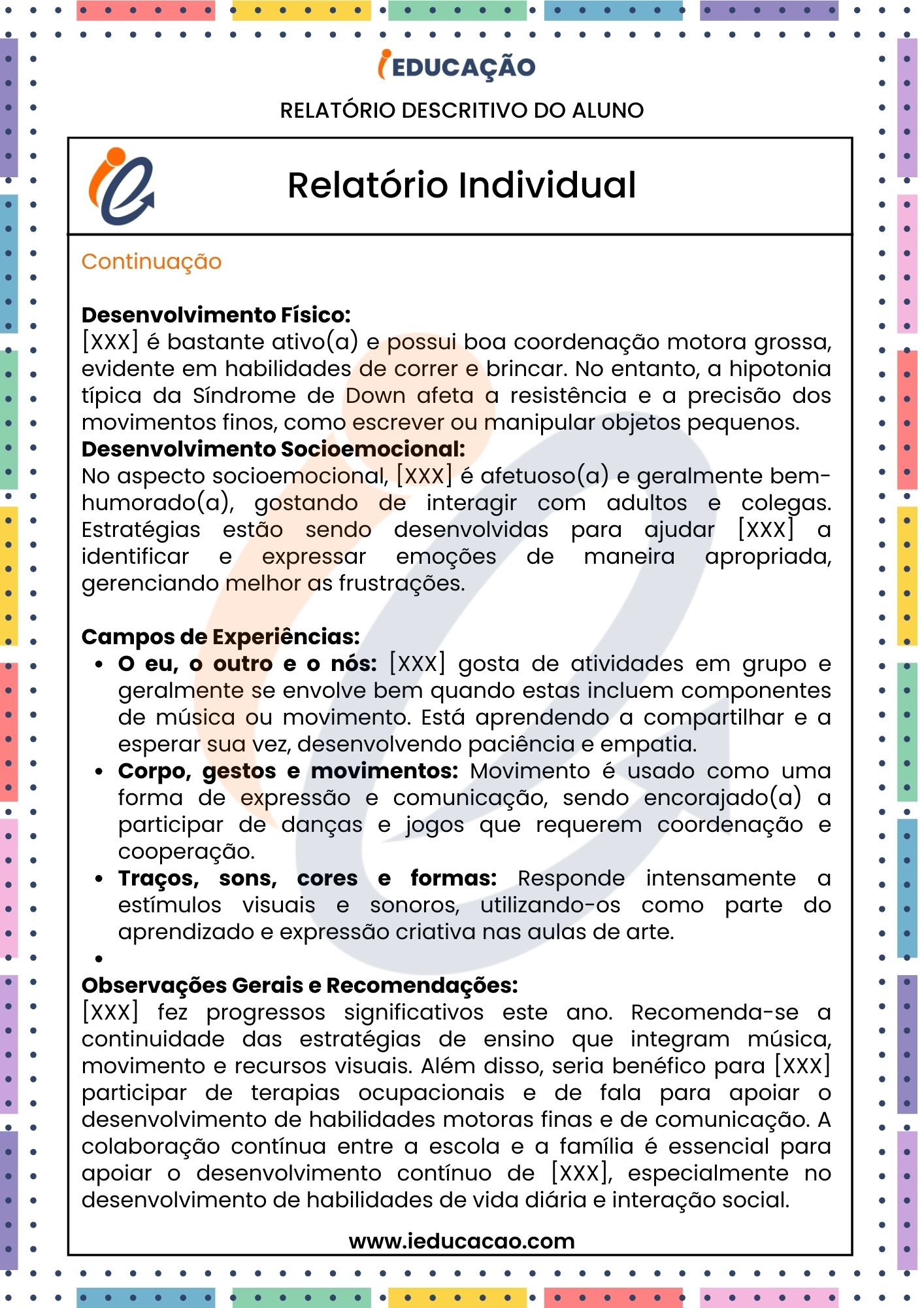 Relatório Individual do Aluno com Síndrome de Down na Educação Infantil - Relatório Individual do aluno na Educação Infantil - Relatório Descritivo na Educação Especial- 2
