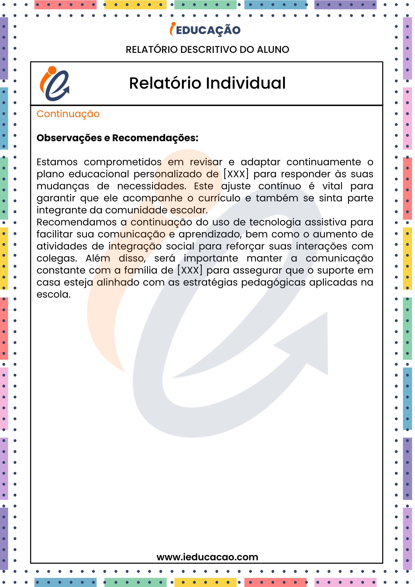 Relatório Individual do Aluno na Educação Especial - Relatório Individual do aluno com Deficiências Físicas