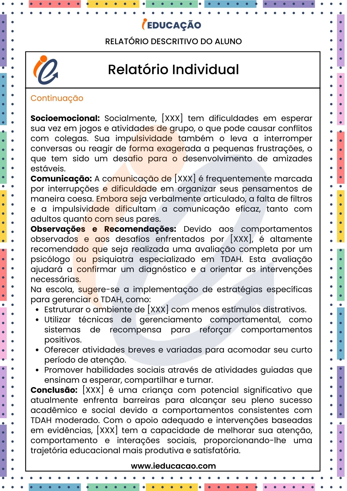 Relatório Individual do aluno com  TDAH - Transtorno do Déficit de Atenção com Hiperatividade na Educação Infantil - Relatório Descritivo na Educação Especial - Relatório Descritivo da Educação Infantil 2