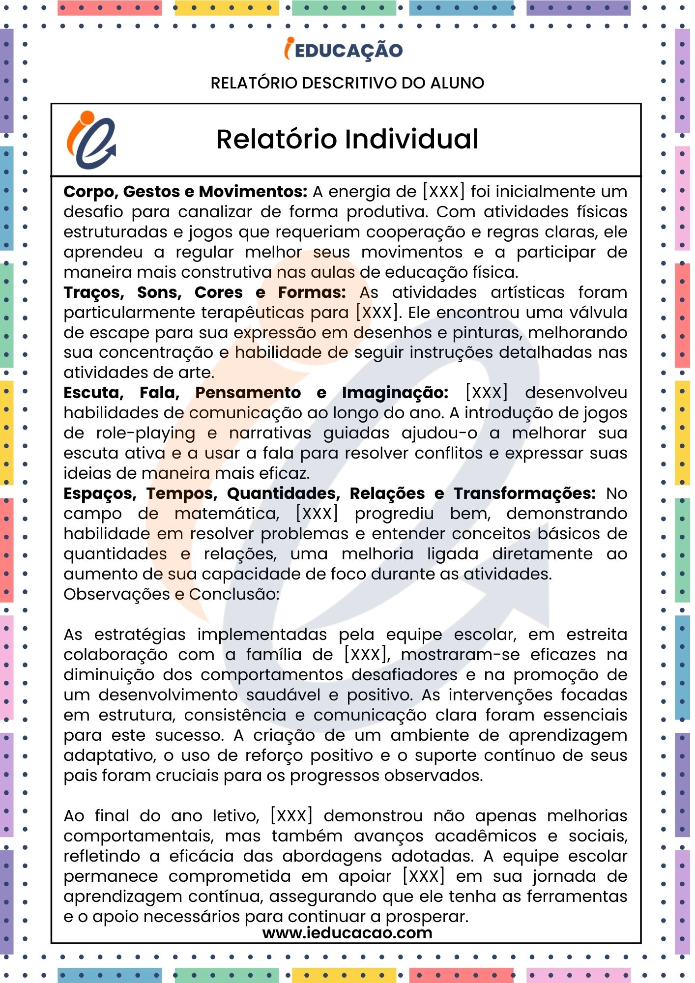 Relatório Individual do aluno com  TOD - Transtorno Opositor Desafiador  - Relatório Descritivo para Educação Especial - Relatório Descritivo da Educação Infantil 2