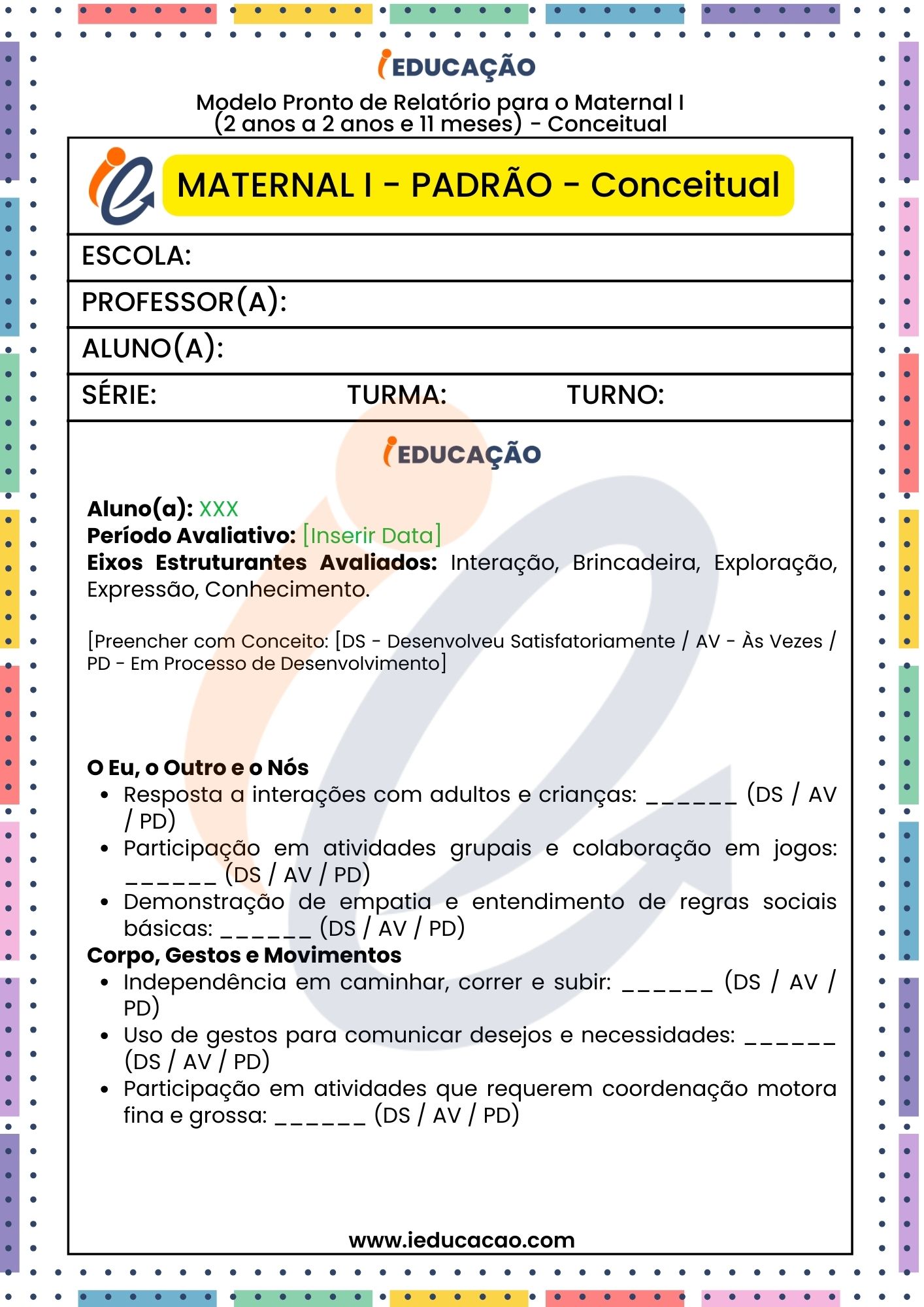 Relatório da Educação Infantil – BNCC - Relatório individual do aluno para o Maternal I Conceitual parte 1