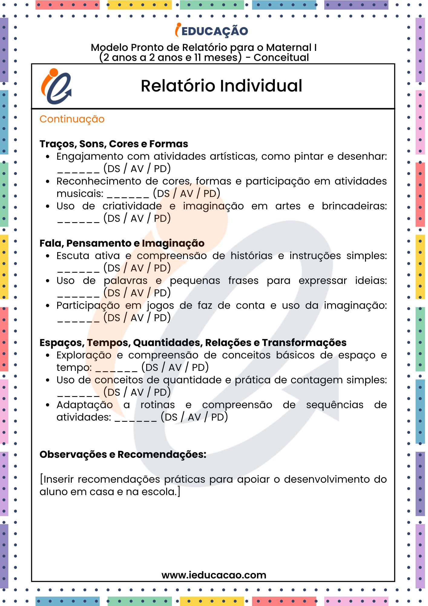 Relatórios na Educação Infantil: Modelos Editáveis Relatório da Educação Infantil – BNCC - Relatório individual do aluno para o Maternal I Conceitual parte 2
