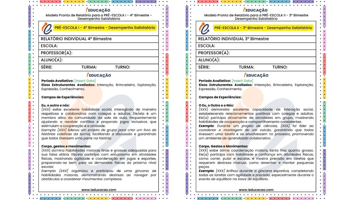 Relatórios na Educação Infantil: Modelos Editáveis Relatórios Bimestrais pré 1 e 2 na Educação Infantil – BNCC - Relatório 3º e 4º Bimestre - relatório na educação infantil