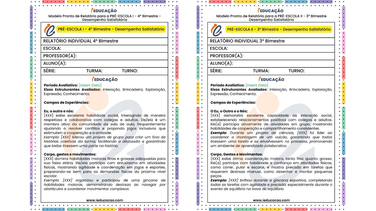 Relatórios Bimestrais pré 1 e 2 na Educação Infantil – BNCC - Relatório 3º e 4º Bimestre - relatório na educação infantil