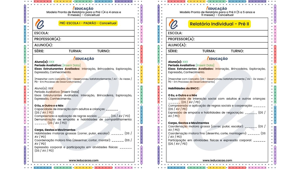 Relatórios na Educação Infantil – BNCC - Relatório individual do aluno pré 1 e 2 - relatórios Conceituais 