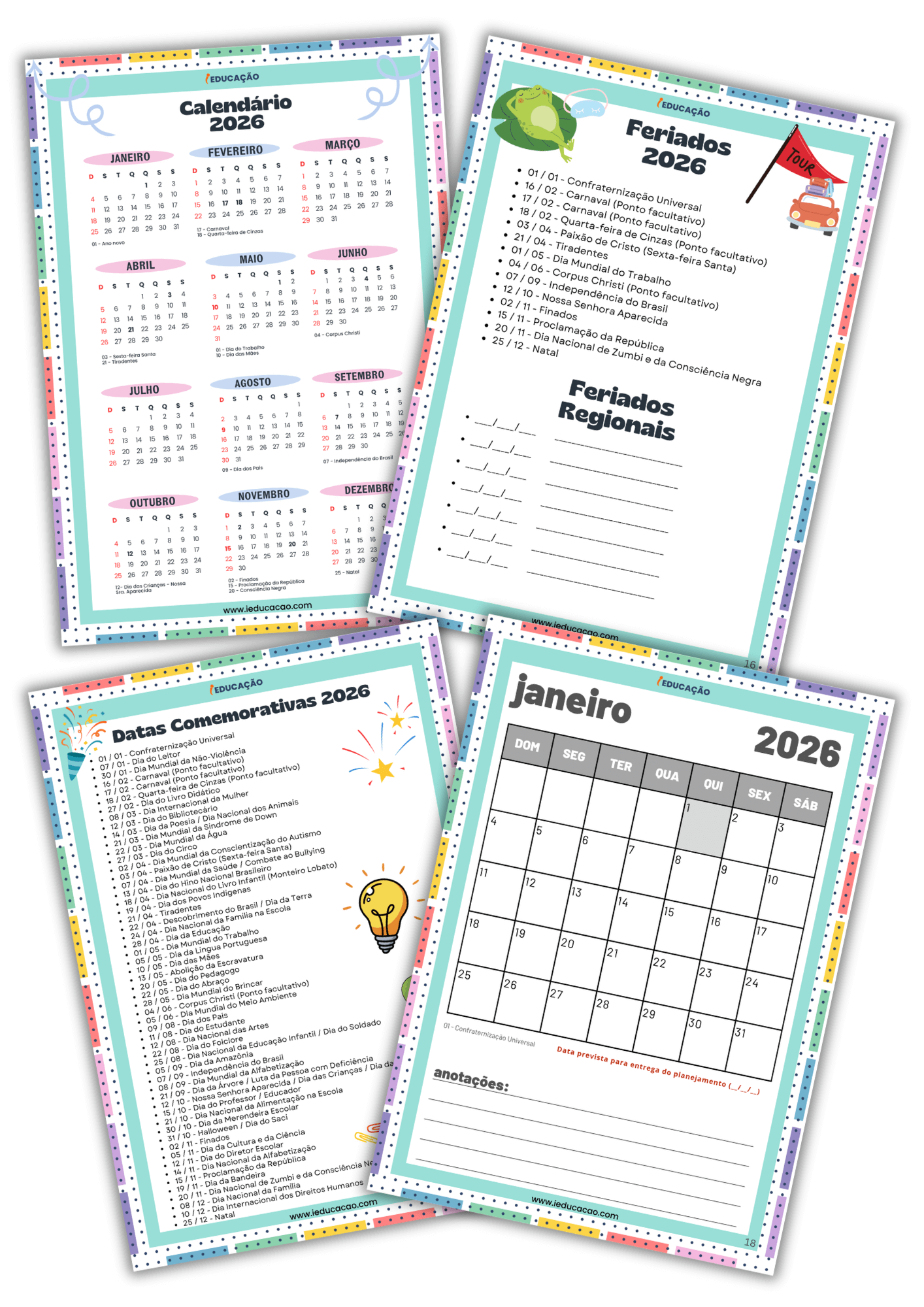 Diário de Classe Completo 2026 Para Imprimir Caderno do professor - Diário de Classe 2026 - Calendário 2026 com datas comemorativas e feriados