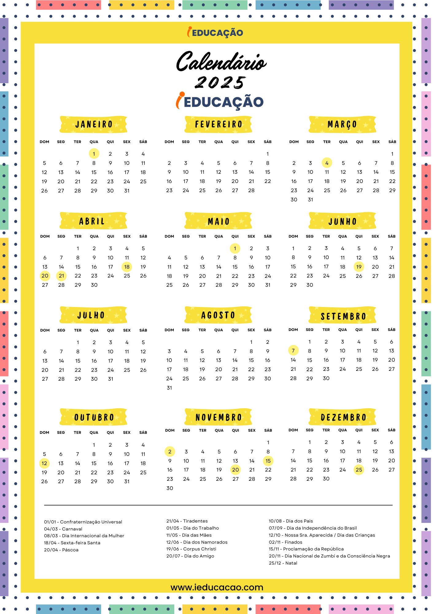 Calendário 2025 para Imprimir - Diário de Classe 2025