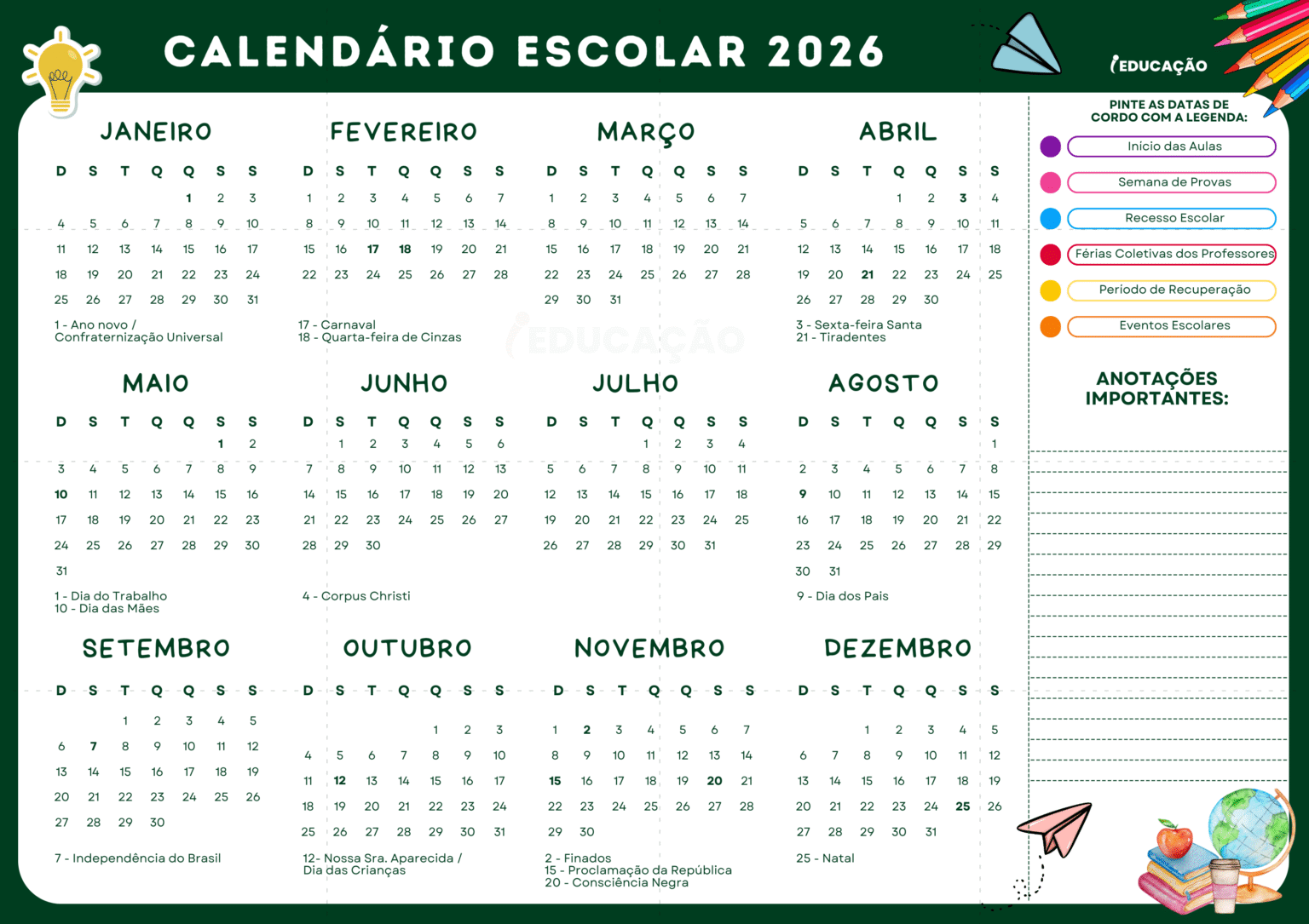 Calendário Escolar 2026 Com Datas Comemorativas para Imprimir