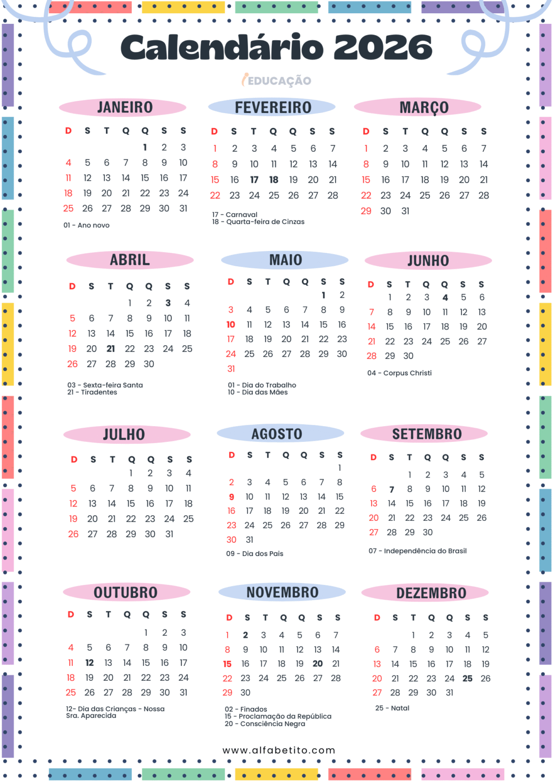 Calendário Escolar 2026 Com Datas Comemorativas para Imprimir