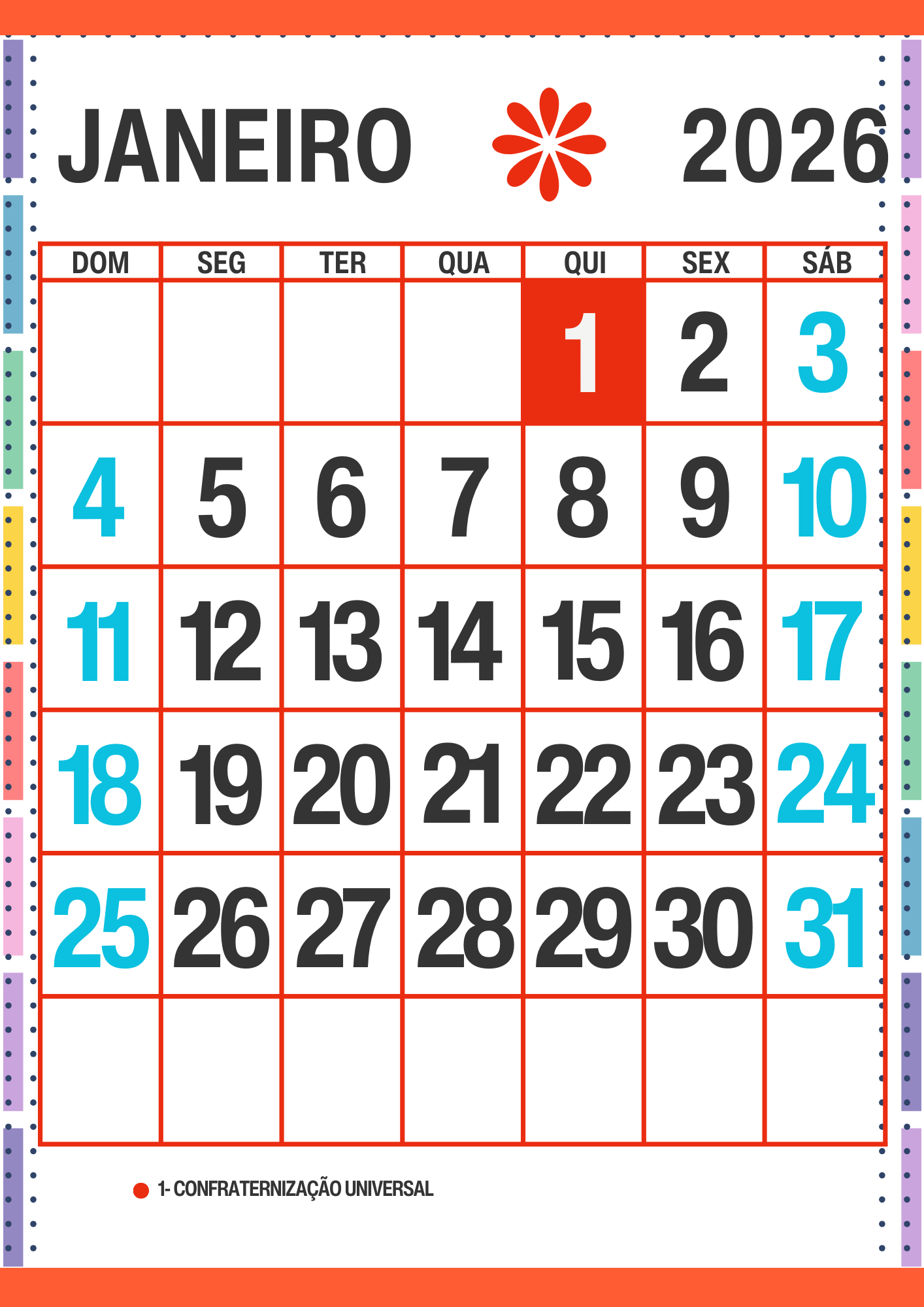 Calendário Escolar 2026 Com Datas Comemorativas para Imprimir Calendário Escolar 2026 com datas comemorativas. Calendário de Janeiro