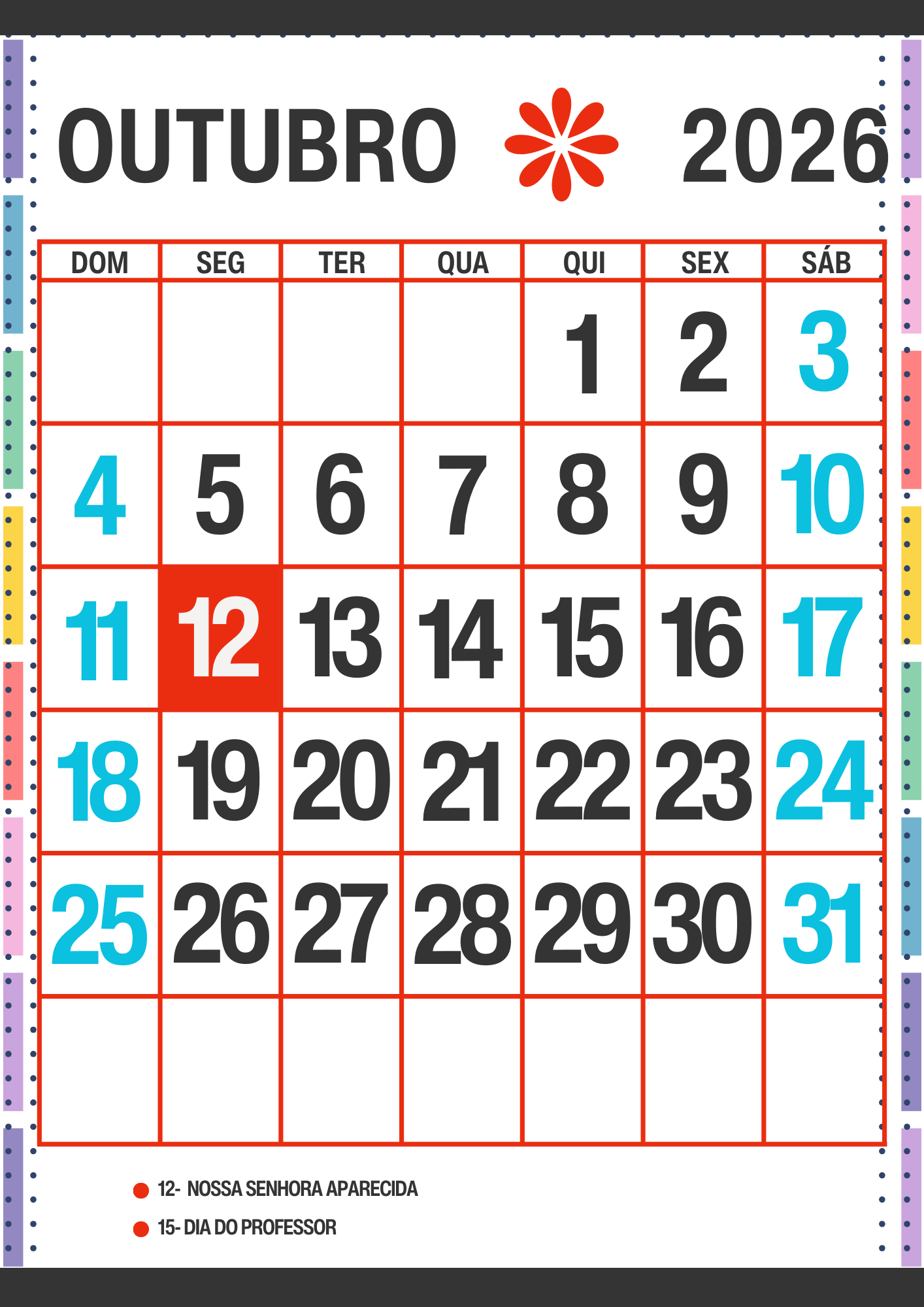 Calendário Escolar 2026 Com Datas Comemorativas para Imprimir Calendário Escolar 2026 com datas comemorativas. Calendário de Outubro