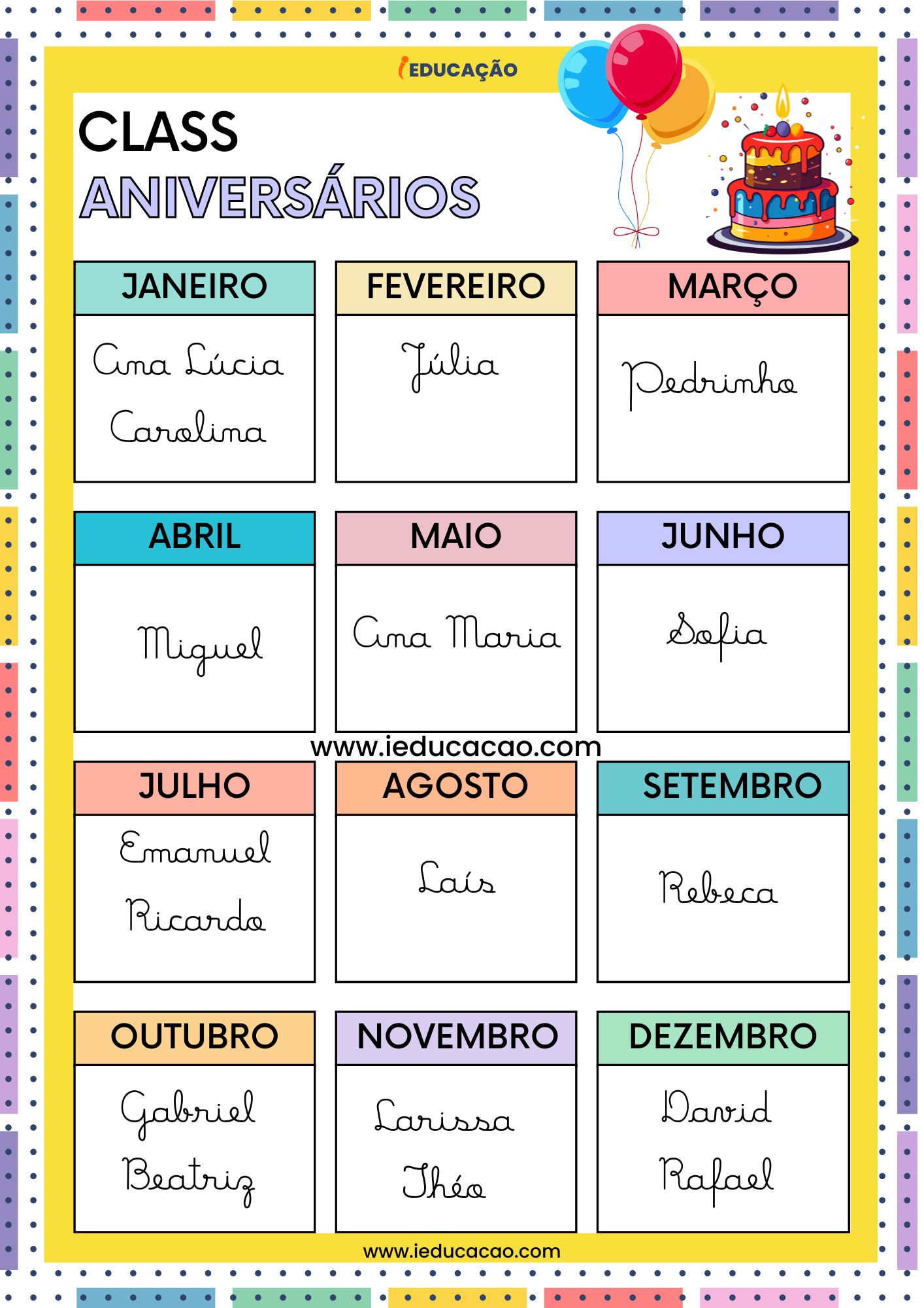 Calendário dos Aniversariantes - Diário de Classe do Professor.