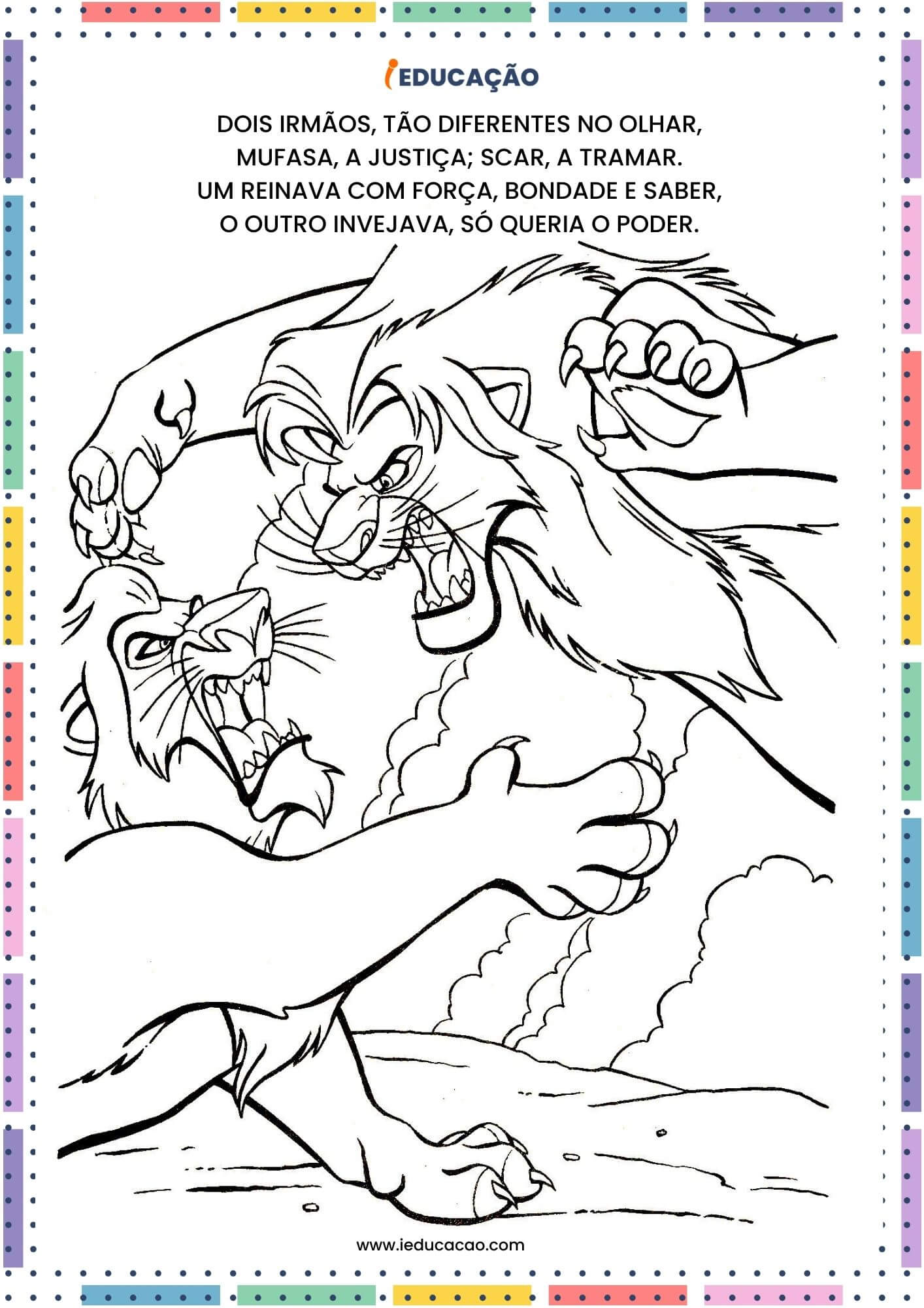 Desenhos para Colorir do Rei Leão - Scar e Mufasa para Colorir - A briga de Mufasa e Scar.