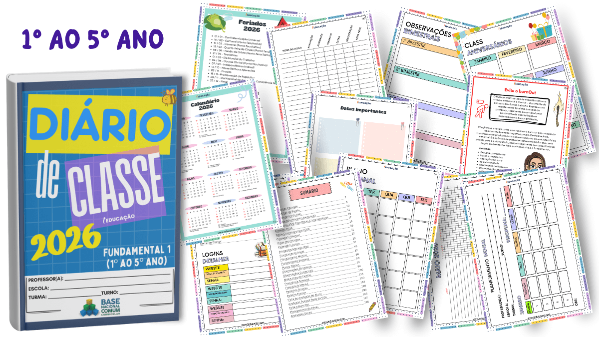 Diário de Classe Completo 2026 Para Imprimir Diário de Classe 2026 para o fundamental 1 - Caderno do professor para fazer os relatórios escolares de acordo com a BNCC