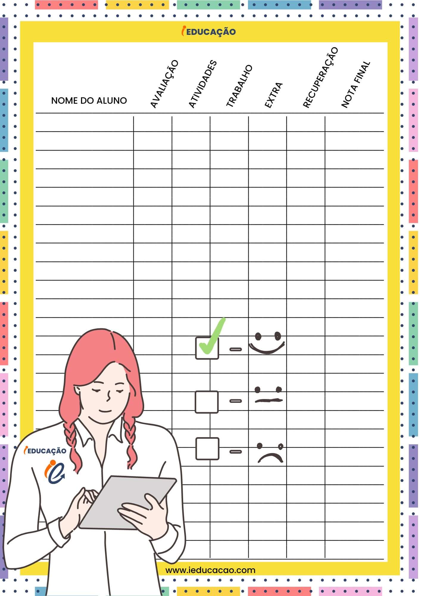 Diário de Classe: Anotações das notas dos alunos - Planilha de notas 