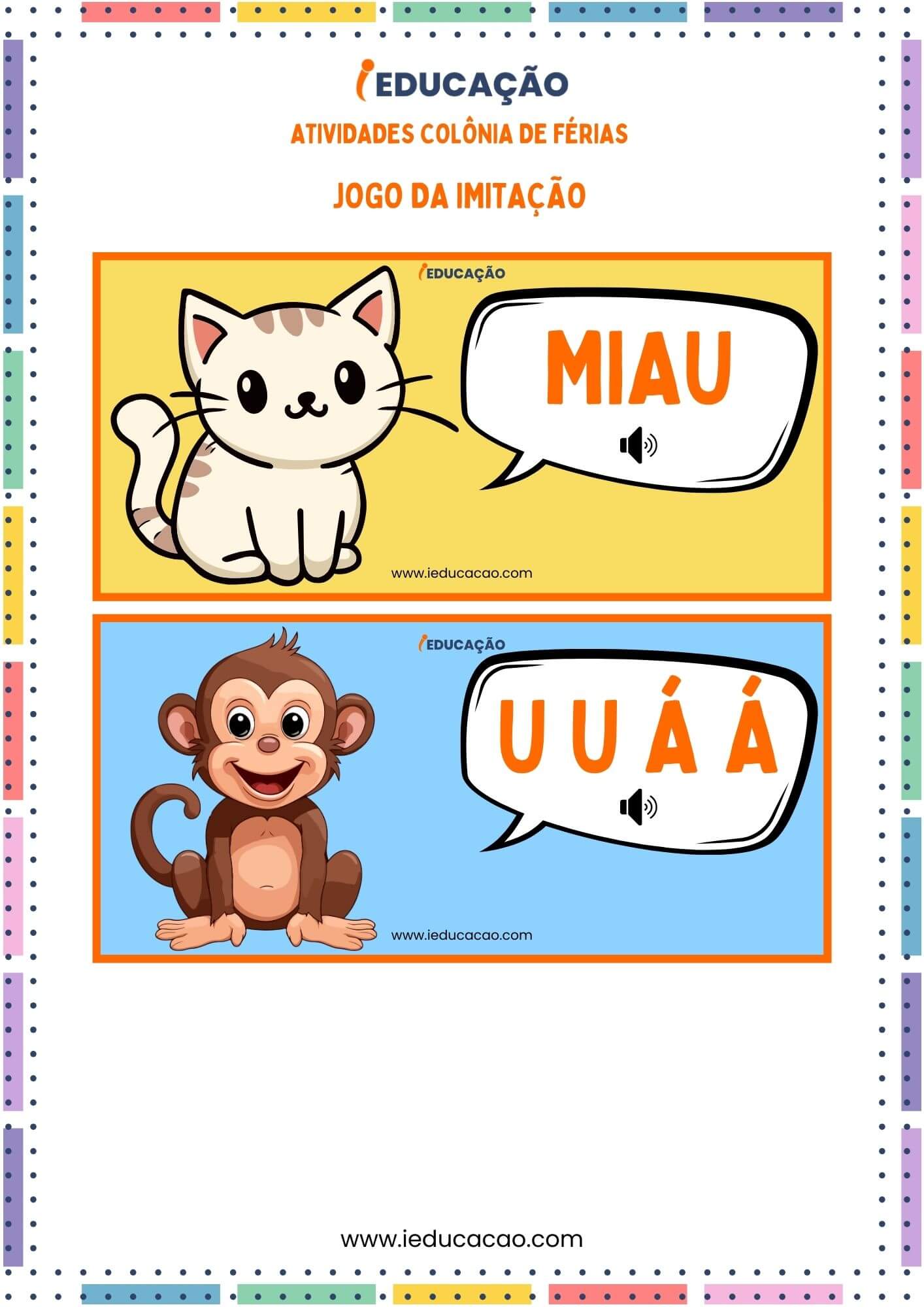 Atividades para Colônia de Férias na Educação Infantil- Flashcards dos animais e Sons - Jogo da imitação com mimicas.jpg