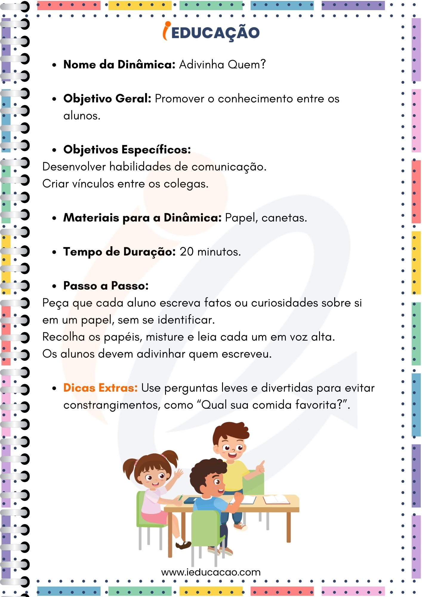 Dinâmicas para o Primeiro Dia de Aula - Educação Infantil  - Dinâmica  Adivinha quem é